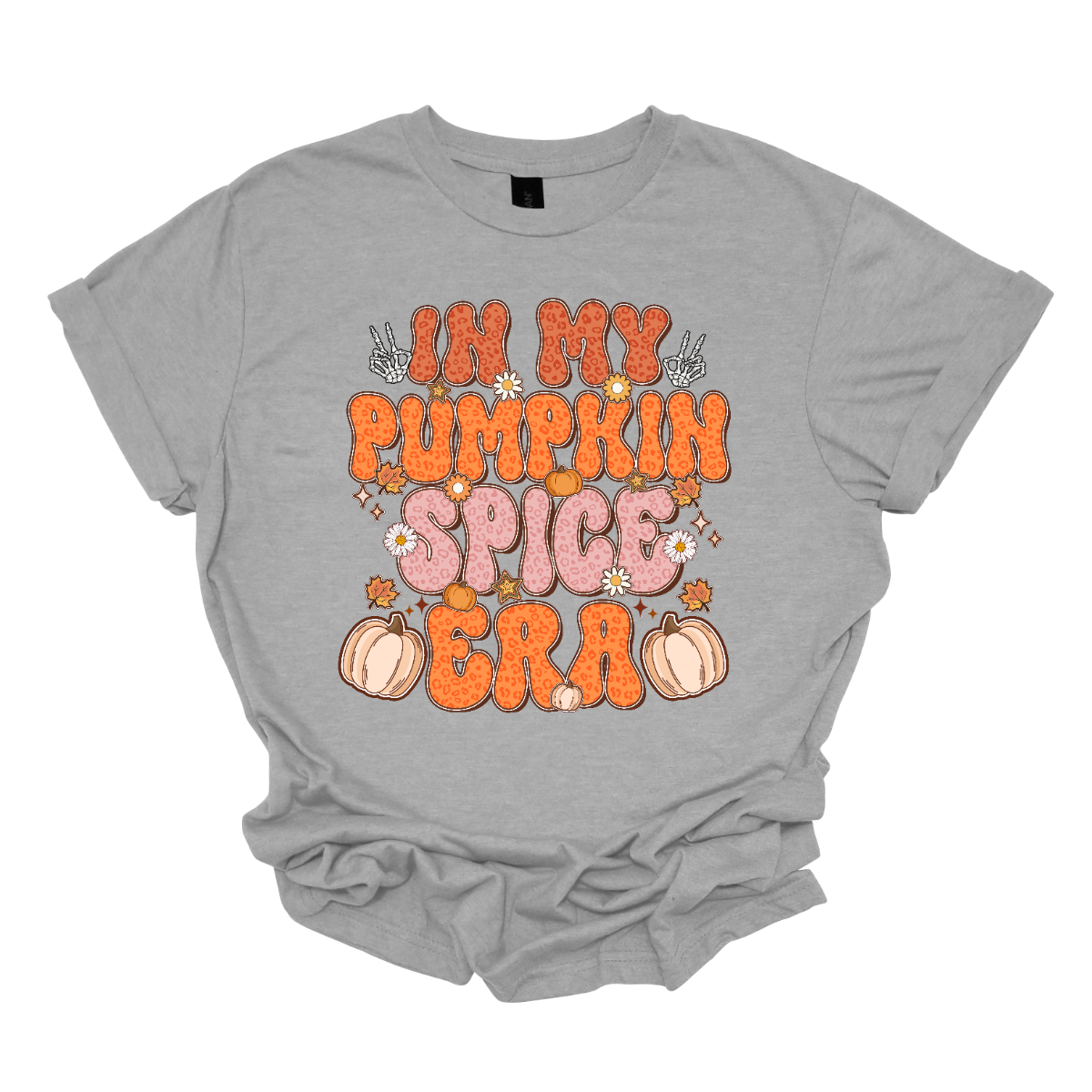 The t-shirt features the phrase "In My Pumpkin Spice Era" in a bold and playful retro font. The text is styled in a vibrant cheetah print pattern, alternating between shades of orange and pink to create a dynamic and eye-catching effect that evokes the warmth and fun of the fall season. Shop Gorgeousware.com