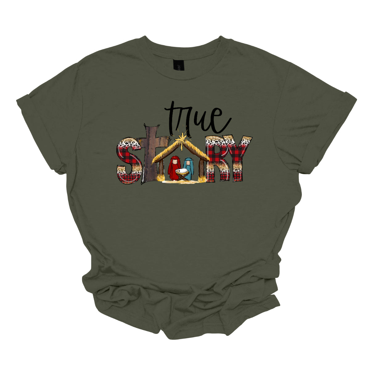 The T-shirt design features the phrase "True Story" in a distinctive and meaningful way. The word "True" is written in an elegant, flowing cursive font that adds a touch of sophistication and personal flair. The word "Story" is presented in a bold, straightforward font for contrast and clarity. Shop Gorgeousware.com