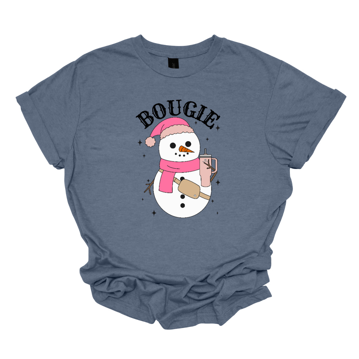 This chic t-shirt features the word "BOUGIE" in elegant, fancy lettering, capturing a stylish vibe. Beneath the text is a charming illustration of a snowman, decked out in a cute pink hat and scarf, exuding festive flair. The snowman is holding a pale pink Stanley cup, adding a trendy touch, while a beige Lululemon belt bag rests around its waist, complete with sparkles that catch the eye and enhance the glamorous theme.  Shop Gorgeousware.com