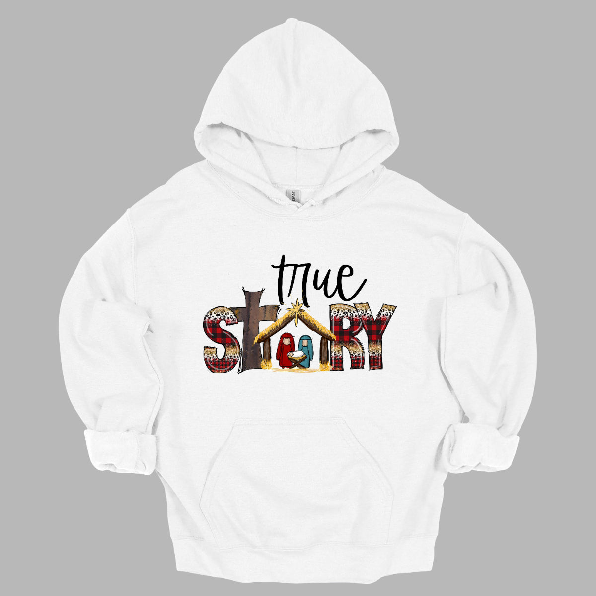 The T-shirt design features the phrase "True Story" in a distinctive and meaningful way. The word "True" is written in an elegant, flowing cursive font that adds a touch of sophistication and personal flair. The word "Story" is presented in a bold, straightforward font for contrast and clarity. Shop Gorgeousware.com