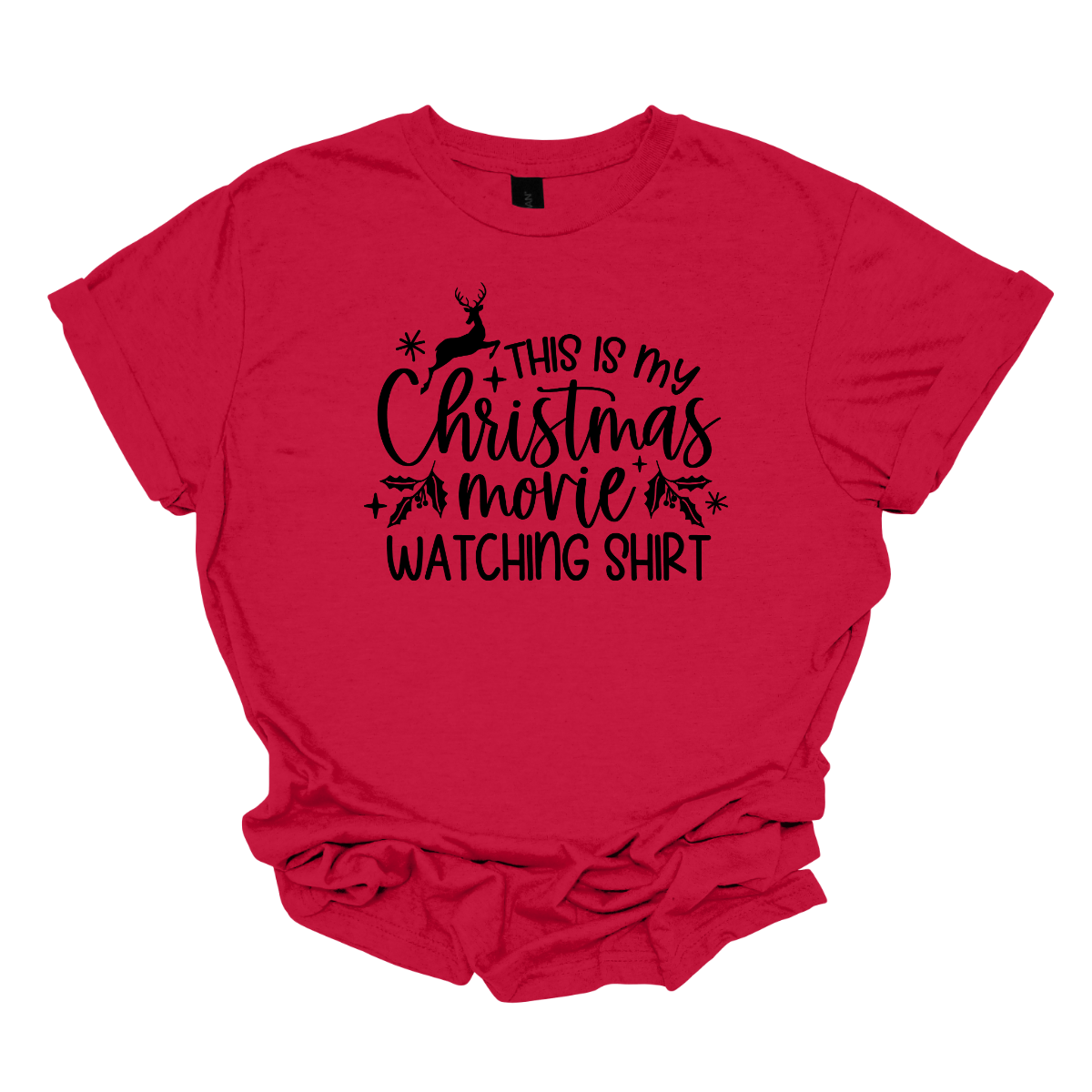 This cozy t-shirt features the playful phrase "This Is My Christmas Movie Watching Shirt" in a straightforward, easy-to-read font. The words "Christmas Movie" are beautifully highlighted in an elegant cursive font, adding a touch of festive flair. Shop Gorgeousware.com