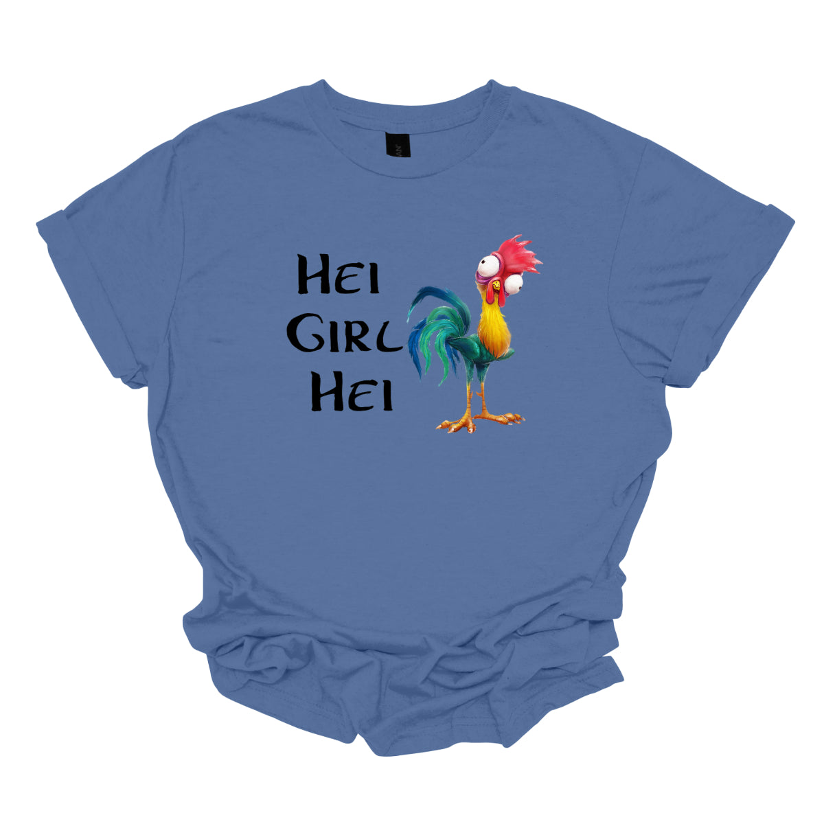 This t-shirt features a playful and vibrant design with the phrase "Hei Girl Hei" emblazoned in a lively, cartoonish black font that adds a fun and energetic touch. The words are arranged in a way that captures attention and conveys a cheerful message.&nbsp;Next to the text is the charming cartoon character Hei Hei from Disney's Moana. Hei Hei is depicted with his usual goofy expression and colorful plumage, bringing a whimsical and endearing element to the design. Shop Gorgeousware.com