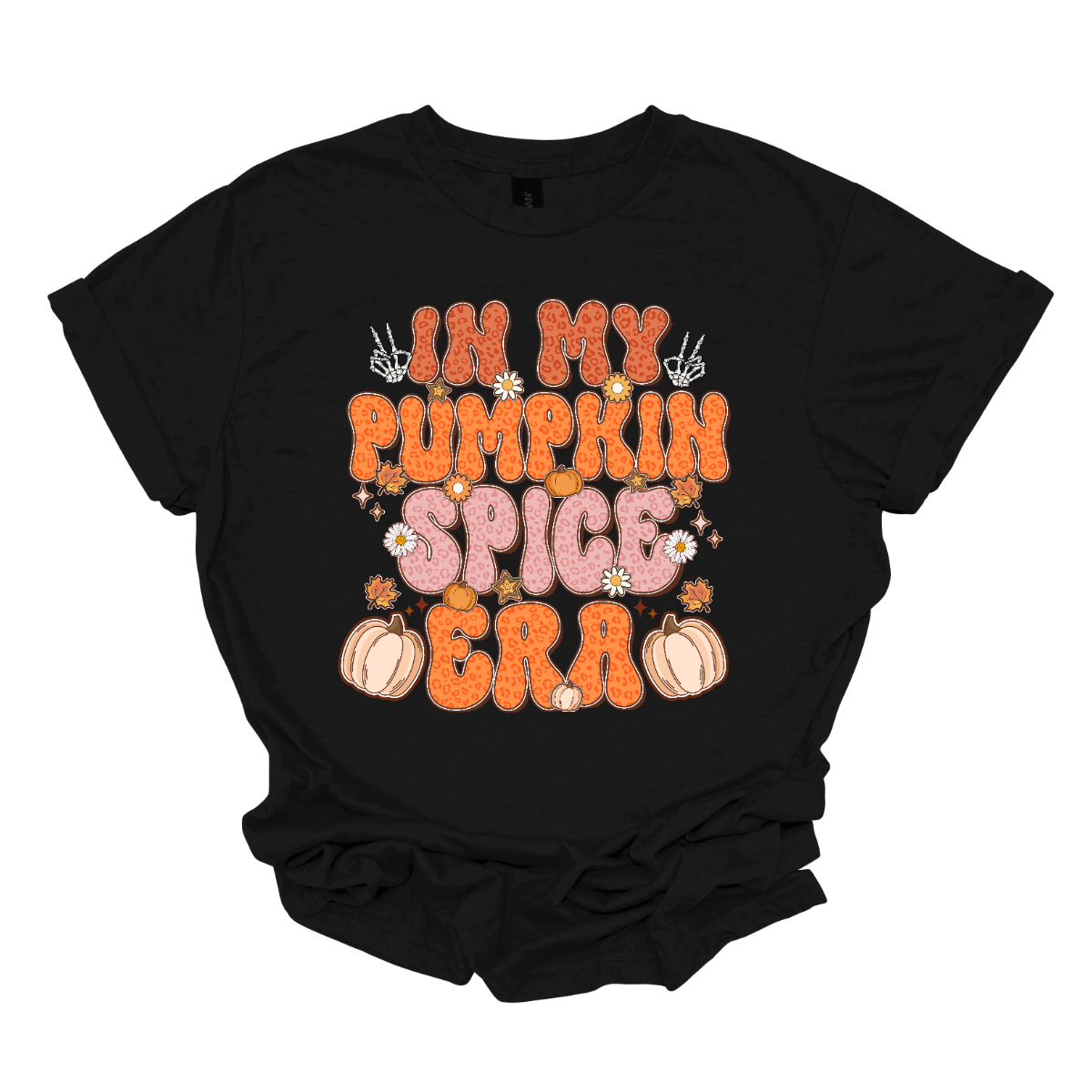 The t-shirt features the phrase "In My Pumpkin Spice Era" in a bold and playful retro font. The text is styled in a vibrant cheetah print pattern, alternating between shades of orange and pink to create a dynamic and eye-catching effect that evokes the warmth and fun of the fall season. Shop Gorgeousware.com