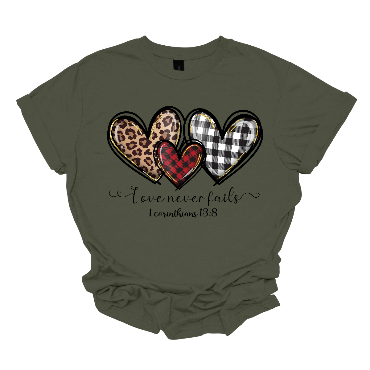 Introducing our "Love Never Fails - 1 Corinthians 13:8" T-shirt – a profound and heartwarming garment adorned with three adorable patterned hearts. This shirt carries a timeless message inspired by the scripture, emphasizing the enduring nature of love.  The phrase "Love Never Fails - 1 Corinthians 13:8" is elegantly displayed, drawing inspiration from the Bible verse. Surrounding the sentiment are three cute hearts, each uniquely patterned with delightful designs. Shop at Gorgeousware.com