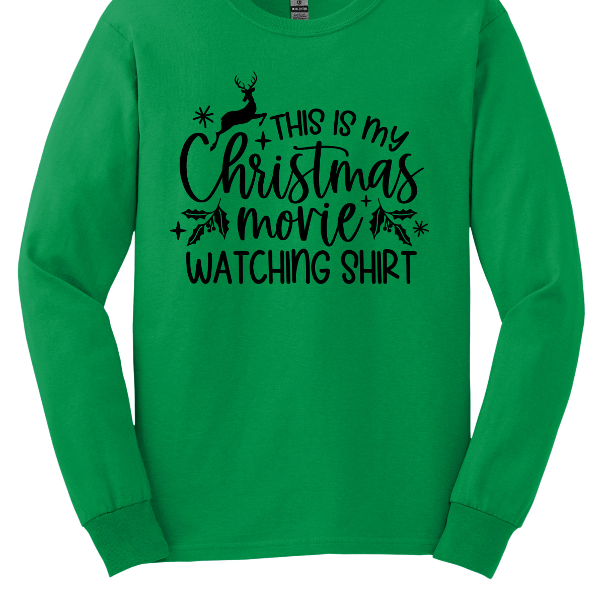 This cozy t-shirt features the playful phrase "This Is My Christmas Movie Watching Shirt" in a straightforward, easy-to-read font. The words "Christmas Movie" are beautifully highlighted in an elegant cursive font, adding a touch of festive flair. Shop Gorgeousware.com