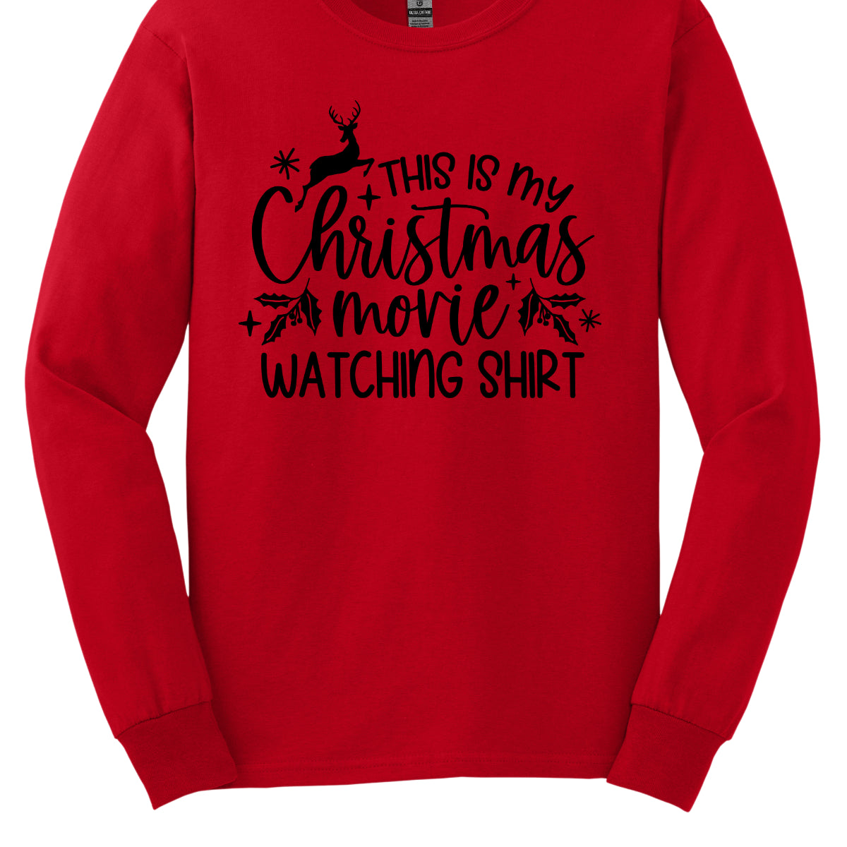 This cozy t-shirt features the playful phrase "This Is My Christmas Movie Watching Shirt" in a straightforward, easy-to-read font. The words "Christmas Movie" are beautifully highlighted in an elegant cursive font, adding a touch of festive flair. Shop Gorgeousware.com