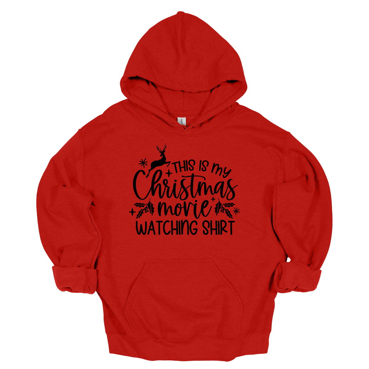 This cozy t-shirt features the playful phrase "This Is My Christmas Movie Watching Shirt" in a straightforward, easy-to-read font. The words "Christmas Movie" are beautifully highlighted in an elegant cursive font, adding a touch of festive flair. Shop Gorgeousware.com