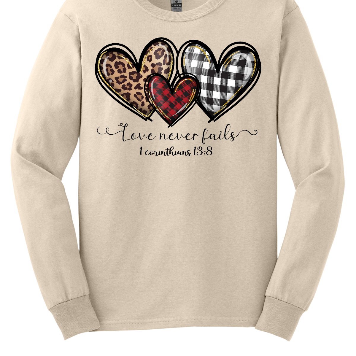 Introducing our "Love Never Fails - 1 Corinthians 13:8" T-shirt – a profound and heartwarming garment adorned with three adorable patterned hearts. This shirt carries a timeless message inspired by the scripture, emphasizing the enduring nature of love. The phrase "Love Never Fails - 1 Corinthians 13:8" is elegantly displayed, drawing inspiration from the Bible verse. Surrounding the sentiment are three cute hearts, each uniquely patterned with delightful designs. Shop at Gorgeousware.com