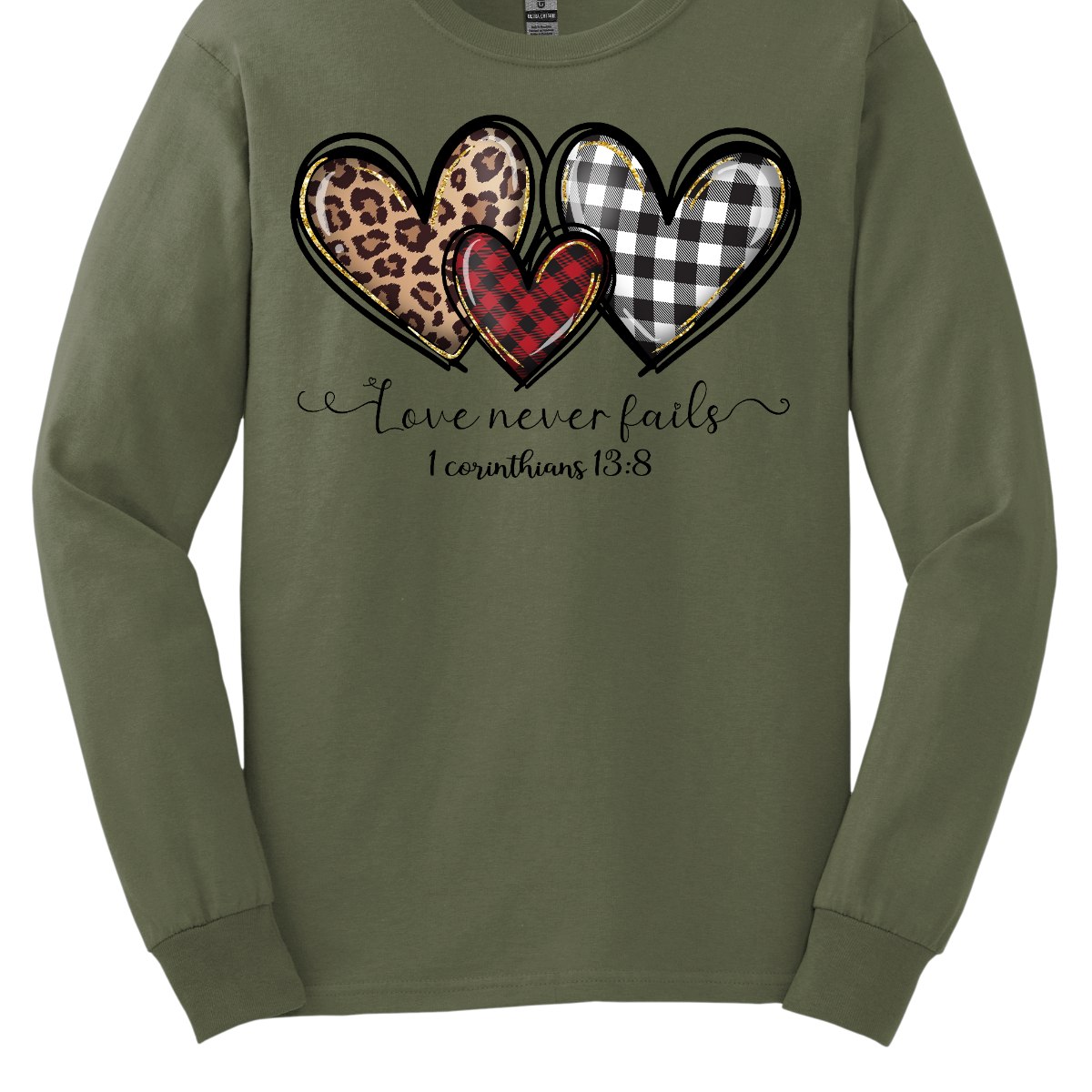 Introducing our "Love Never Fails - 1 Corinthians 13:8" T-shirt – a profound and heartwarming garment adorned with three adorable patterned hearts. This shirt carries a timeless message inspired by the scripture, emphasizing the enduring nature of love. The phrase "Love Never Fails - 1 Corinthians 13:8" is elegantly displayed, drawing inspiration from the Bible verse. Surrounding the sentiment are three cute hearts, each uniquely patterned with delightful designs. Shop at Gorgeousware.com