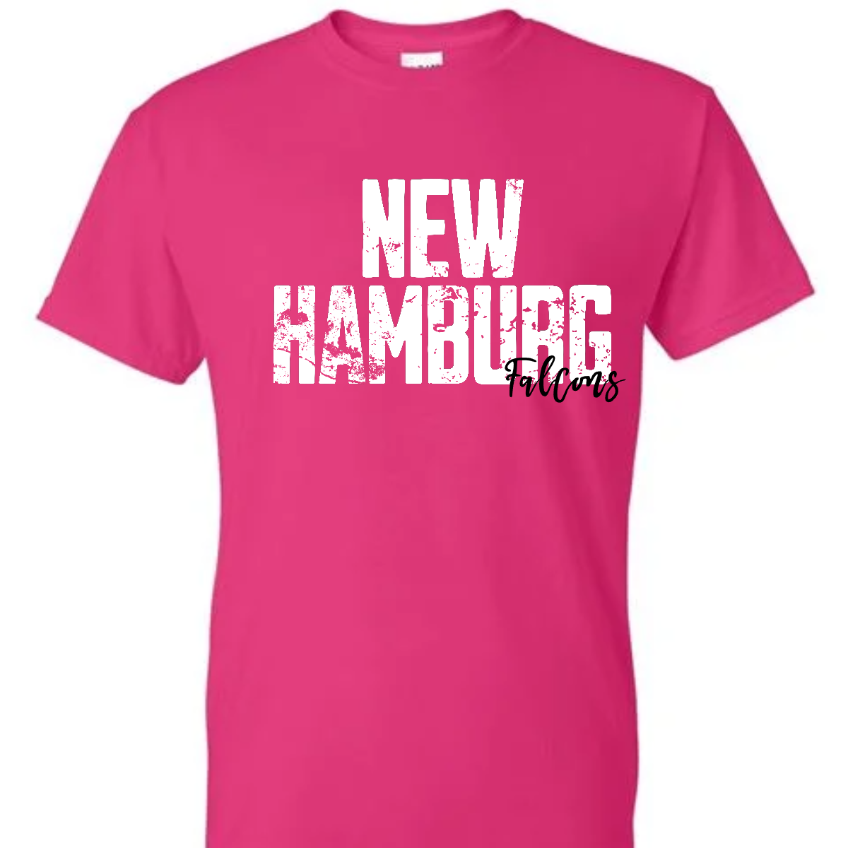 Unleash your school spirit with our grunge-style "New Hamburg" T-shirt! This design features bold, edgy "New Hamburg" text in a distressed, vintage font, paired with "Falcons" in a playful cursive script that adds a splash of color and fun. The vibrant array of hues brings a pop of energy to your wardrobe, making this tee perfect for showing off your school pride in style. Shop at Gorgeousware.com