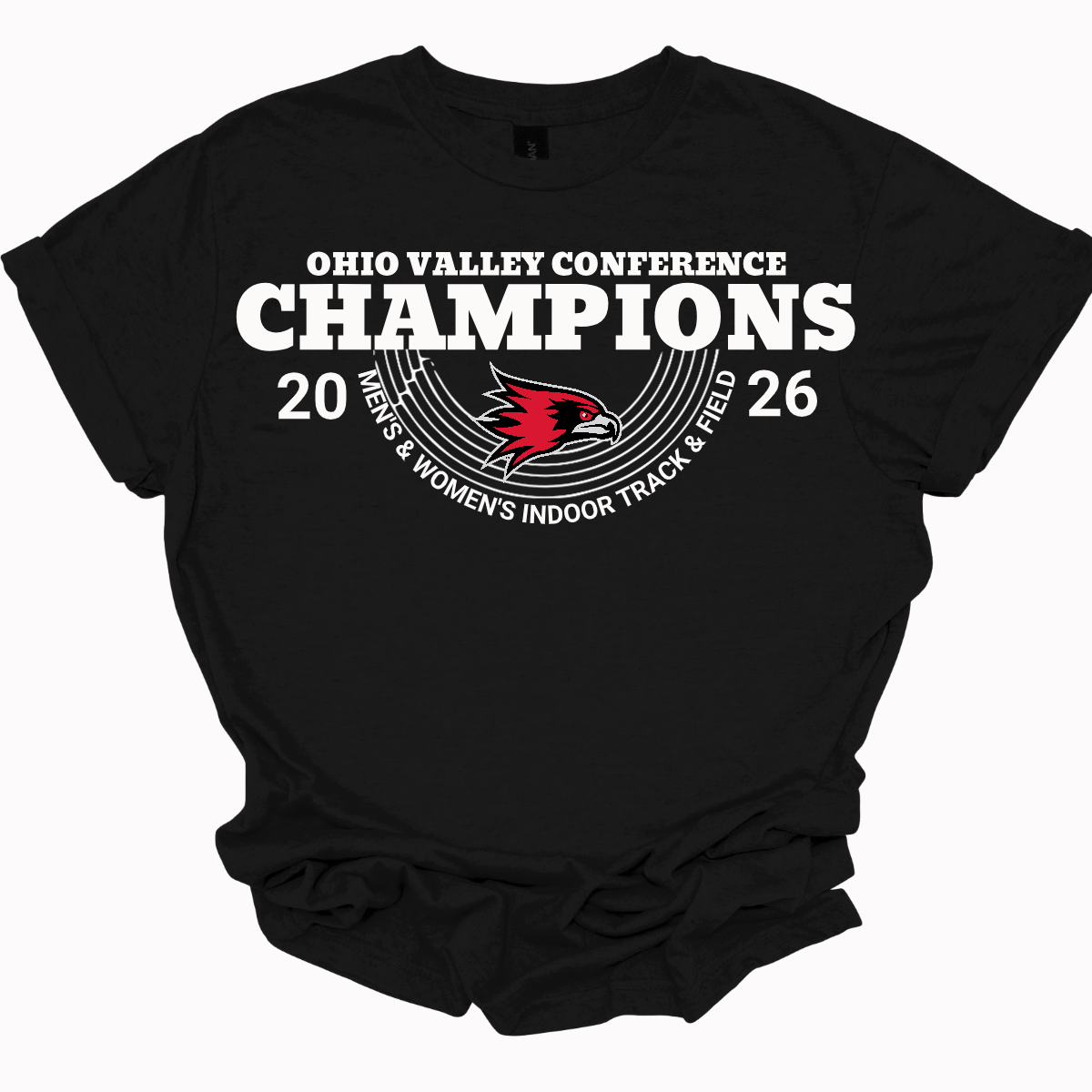 Licensed Black shirt on white background for OVC Champions for Men's and Women's Indoor Track and Field sold at Gorgeousware.com