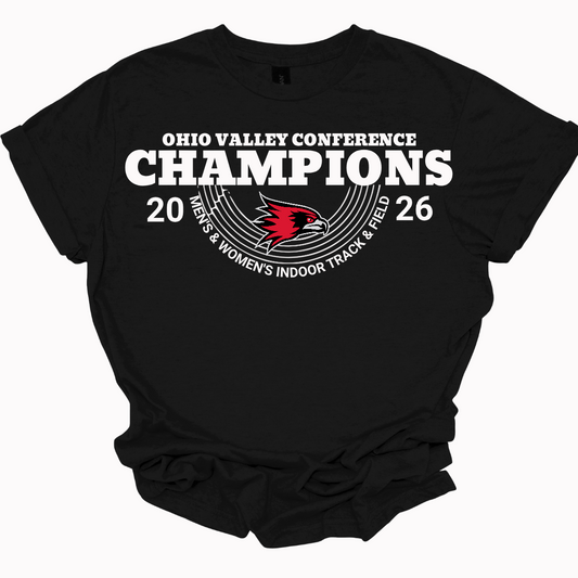 Licensed Black shirt on white background for OVC Champions for Men's and Women's Indoor Track and Field sold at Gorgeousware.com
