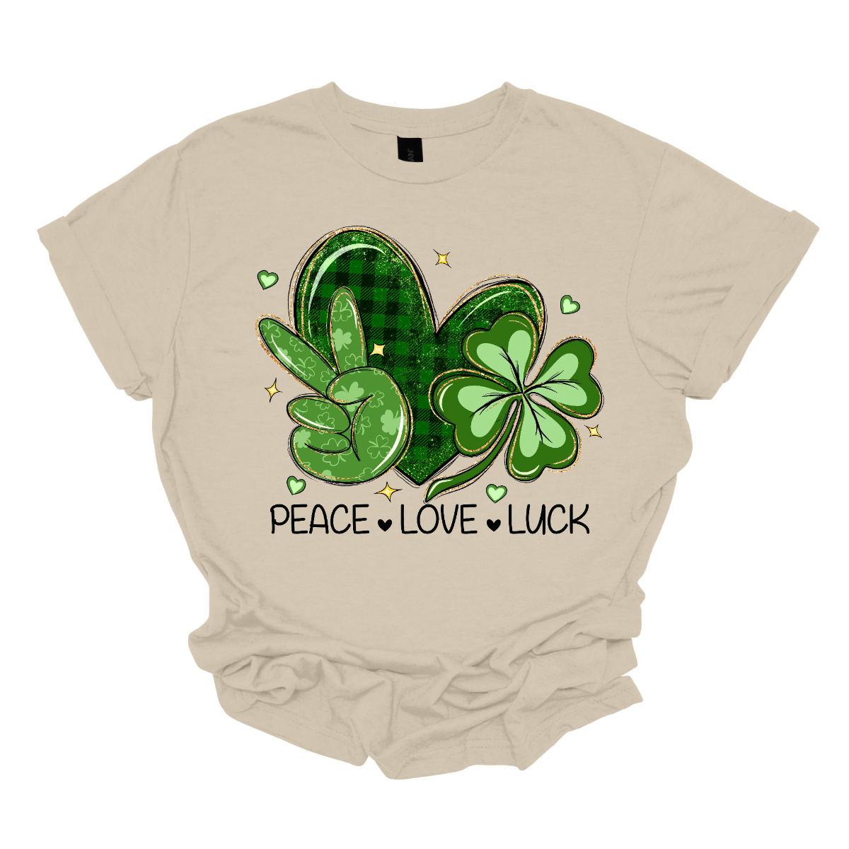 Get ready to spread the vibes of peace, love, and luck this St. Patrick's Day with our vibrant design! Featuring a hand adorned with the universal peace sign in lush green, a heart embellished with classic black and green plaid, and a two-toned green shamrock, this illustration embodies the essence of the holiday. Let's celebrate with joy and unity, embracing the spirit of St. Patrick's Day! Shop at Gorgeousware.com today!