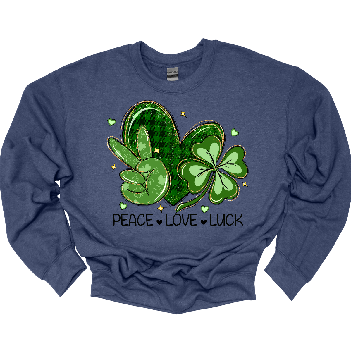 Get ready to spread the vibes of peace, love, and luck this St. Patrick's Day with our vibrant design! Featuring a hand adorned with the universal peace sign in lush green, a heart embellished with classic black and green plaid, and a two-toned green shamrock, this illustration embodies the essence of the holiday. Let's celebrate with joy and unity, embracing the spirit of St. Patrick's Day! Shop at Gorgeousware.com today!