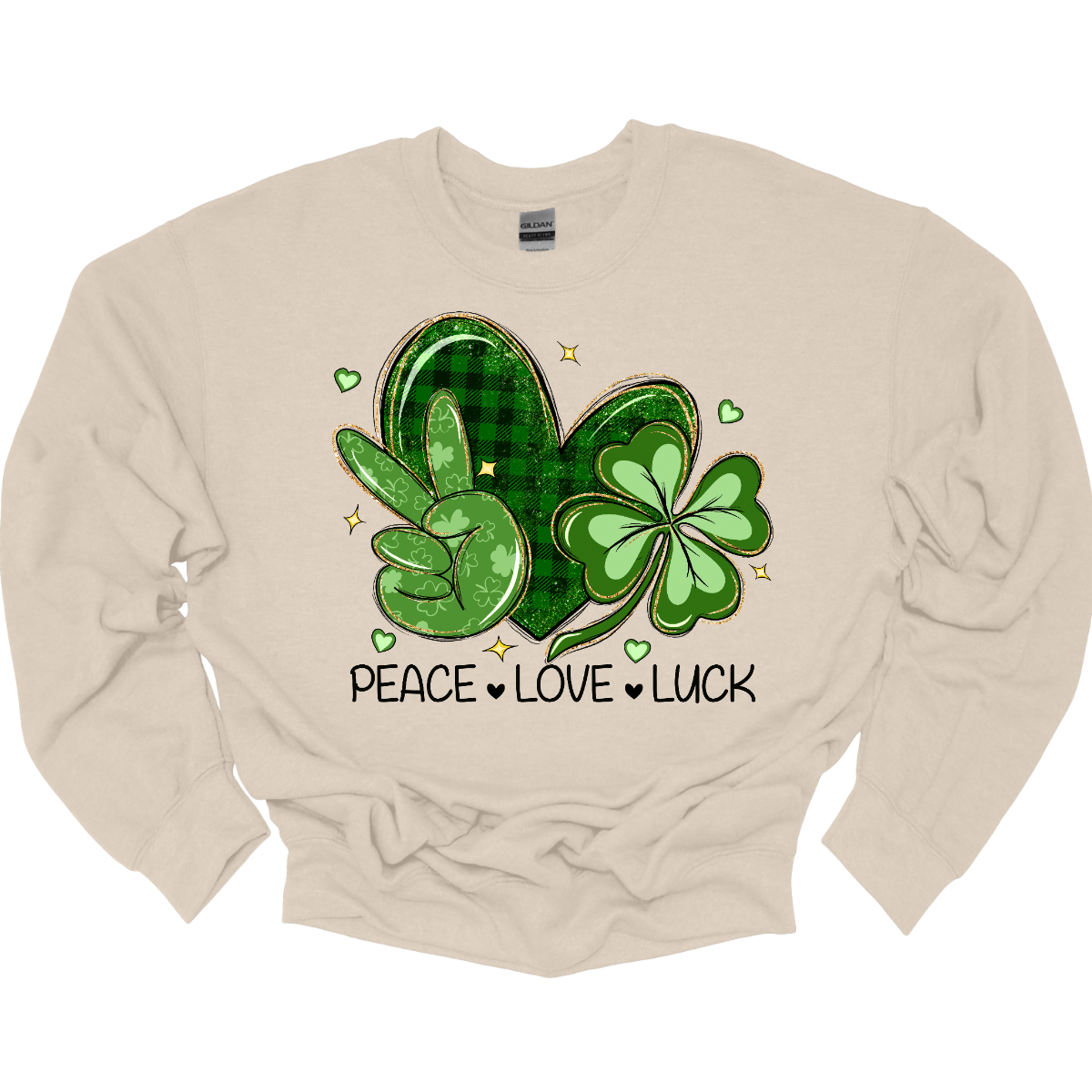 Get ready to spread the vibes of peace, love, and luck this St. Patrick's Day with our vibrant design! Featuring a hand adorned with the universal peace sign in lush green, a heart embellished with classic black and green plaid, and a two-toned green shamrock, this illustration embodies the essence of the holiday. Let's celebrate with joy and unity, embracing the spirit of St. Patrick's Day! Shop at Gorgeousware.com today!