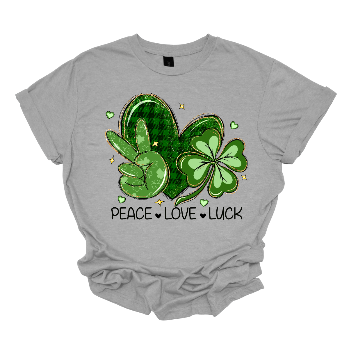 Get ready to spread the vibes of peace, love, and luck this St. Patrick's Day with our vibrant design! Featuring a hand adorned with the universal peace sign in lush green, a heart embellished with classic black and green plaid, and a two-toned green shamrock, this illustration embodies the essence of the holiday. Let's celebrate with joy and unity, embracing the spirit of St. Patrick's Day! Shop at Gorgeousware.com today!