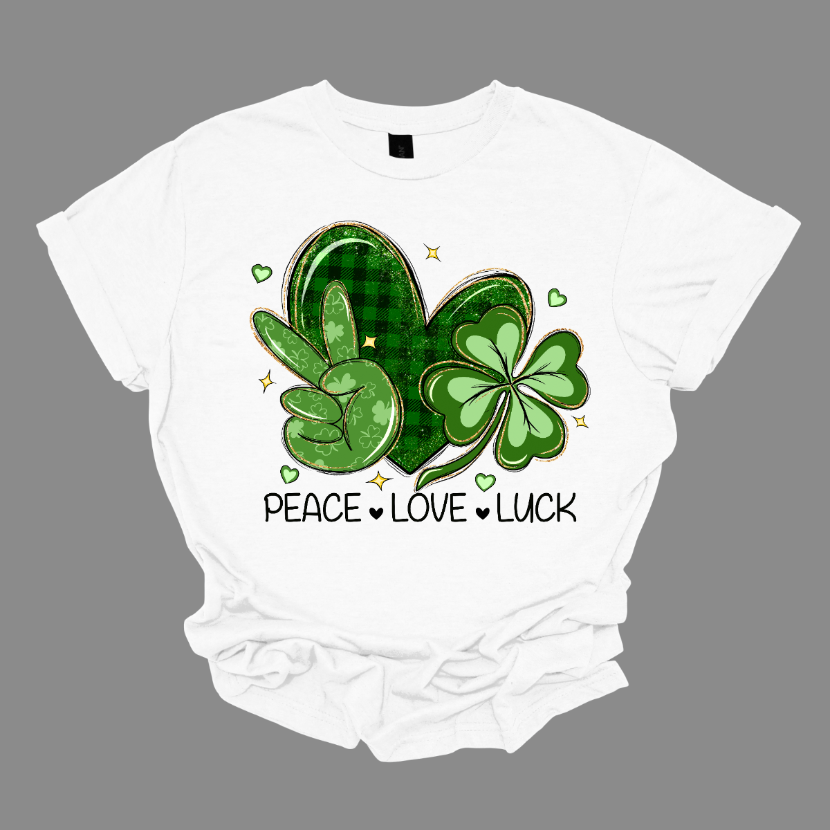 Get ready to spread the vibes of peace, love, and luck this St. Patrick's Day with our vibrant design! Featuring a hand adorned with the universal peace sign in lush green, a heart embellished with classic black and green plaid, and a two-toned green shamrock, this illustration embodies the essence of the holiday. Let's celebrate with joy and unity, embracing the spirit of St. Patrick's Day! Shop at Gorgeousware.com today!