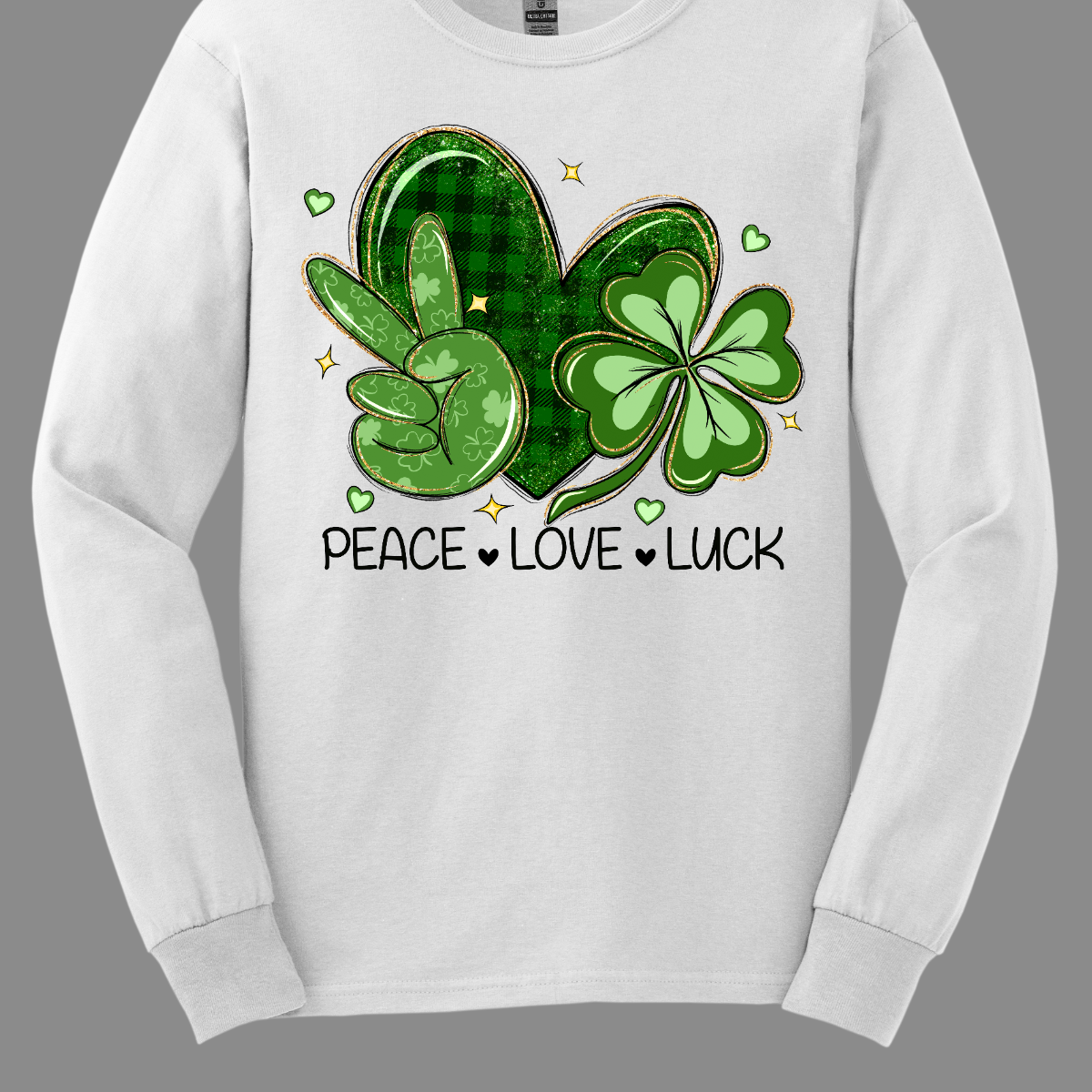 Get ready to spread the vibes of peace, love, and luck this St. Patrick's Day with our vibrant design! Featuring a hand adorned with the universal peace sign in lush green, a heart embellished with classic black and green plaid, and a two-toned green shamrock, this illustration embodies the essence of the holiday. Let's celebrate with joy and unity, embracing the spirit of St. Patrick's Day! Shop at Gorgeousware.com today!