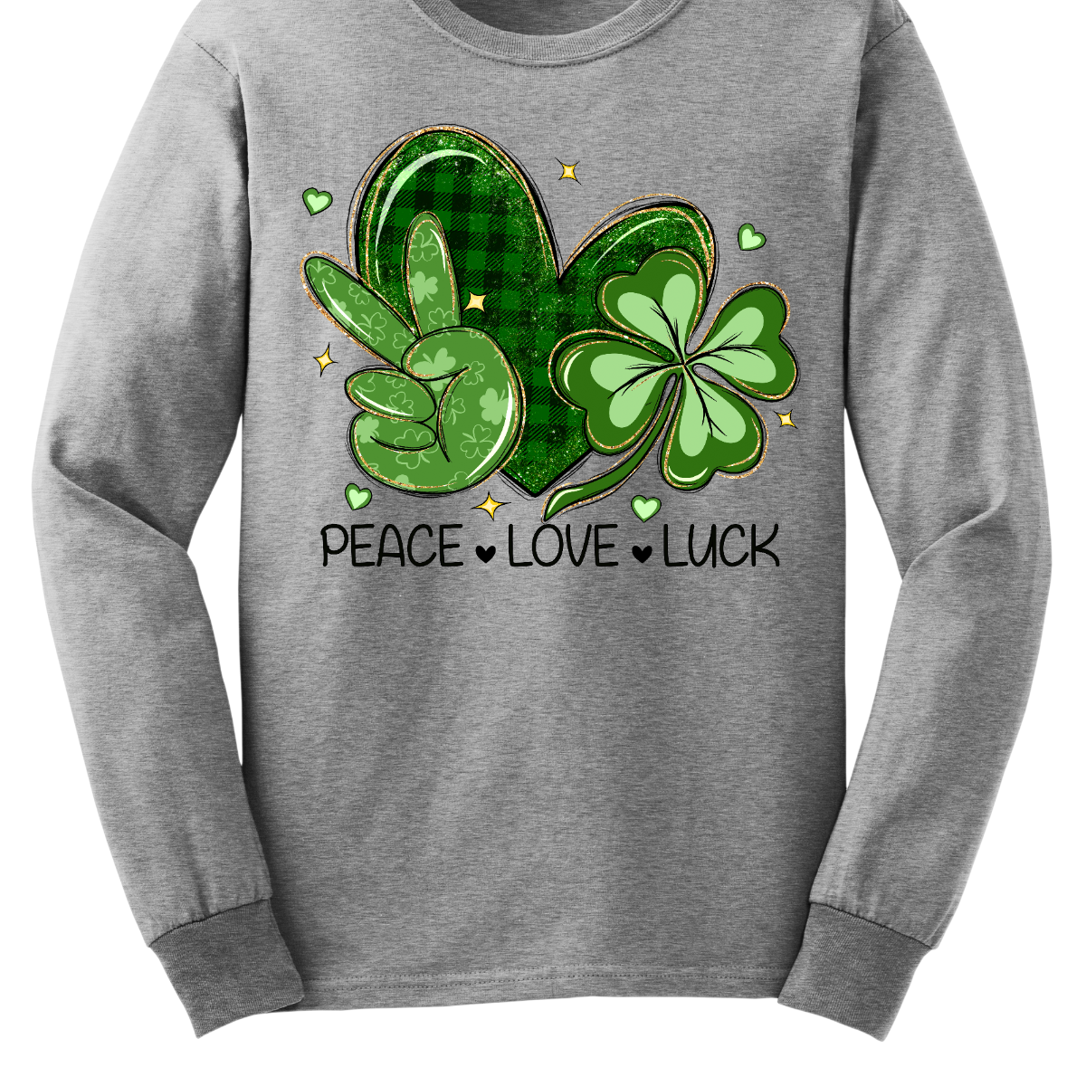 Get ready to spread the vibes of peace, love, and luck this St. Patrick's Day with our vibrant design! Featuring a hand adorned with the universal peace sign in lush green, a heart embellished with classic black and green plaid, and a two-toned green shamrock, this illustration embodies the essence of the holiday. Let's celebrate with joy and unity, embracing the spirit of St. Patrick's Day! Shop at Gorgeousware.com today!