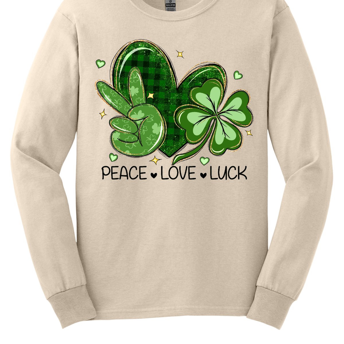 Get ready to spread the vibes of peace, love, and luck this St. Patrick's Day with our vibrant design! Featuring a hand adorned with the universal peace sign in lush green, a heart embellished with classic black and green plaid, and a two-toned green shamrock, this illustration embodies the essence of the holiday. Let's celebrate with joy and unity, embracing the spirit of St. Patrick's Day! Shop at Gorgeousware.com today!