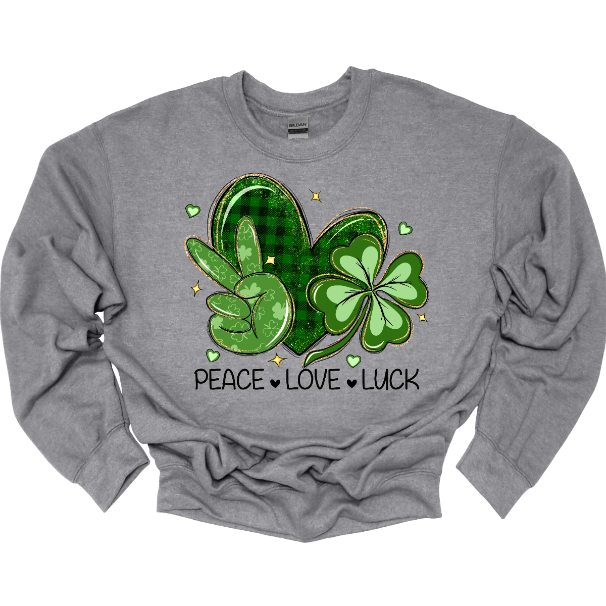 Get ready to spread the vibes of peace, love, and luck this St. Patrick's Day with our vibrant design! Featuring a hand adorned with the universal peace sign in lush green, a heart embellished with classic black and green plaid, and a two-toned green shamrock, this illustration embodies the essence of the holiday. Let's celebrate with joy and unity, embracing the spirit of St. Patrick's Day! Shop at Gorgeousware.com today!