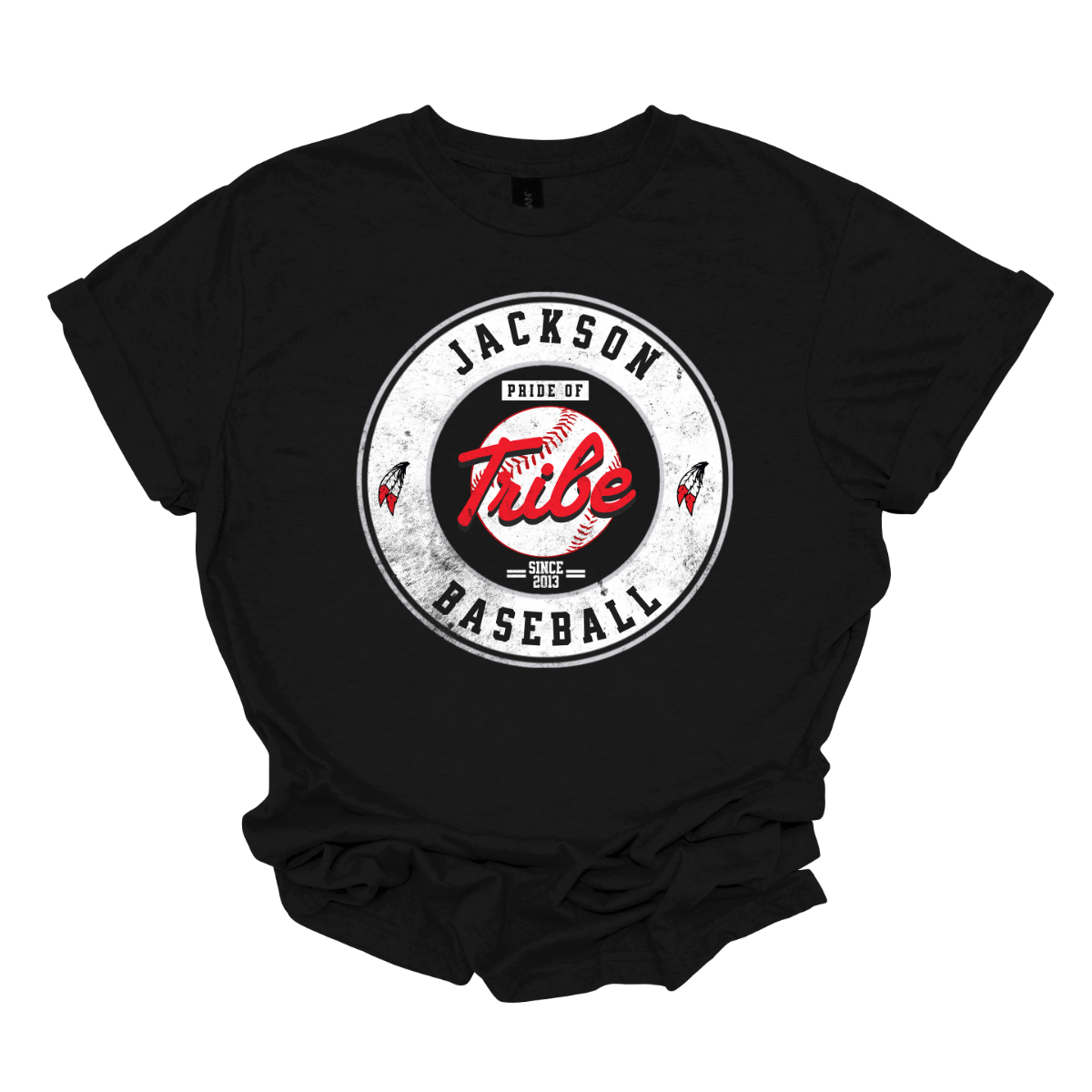 This black apparel features a nostalgic design that captures the essence of classic sports aesthetics. At its center, a bold white circle frames a detailed baseball, prominently displaying the team name "Tribe" across the middle with the words "Pride Of" stated above. The top arc of the circle reads "Jackson," while the bottom curves with "Baseball," creating a cohesive look. Shop at Gorgeousware.com