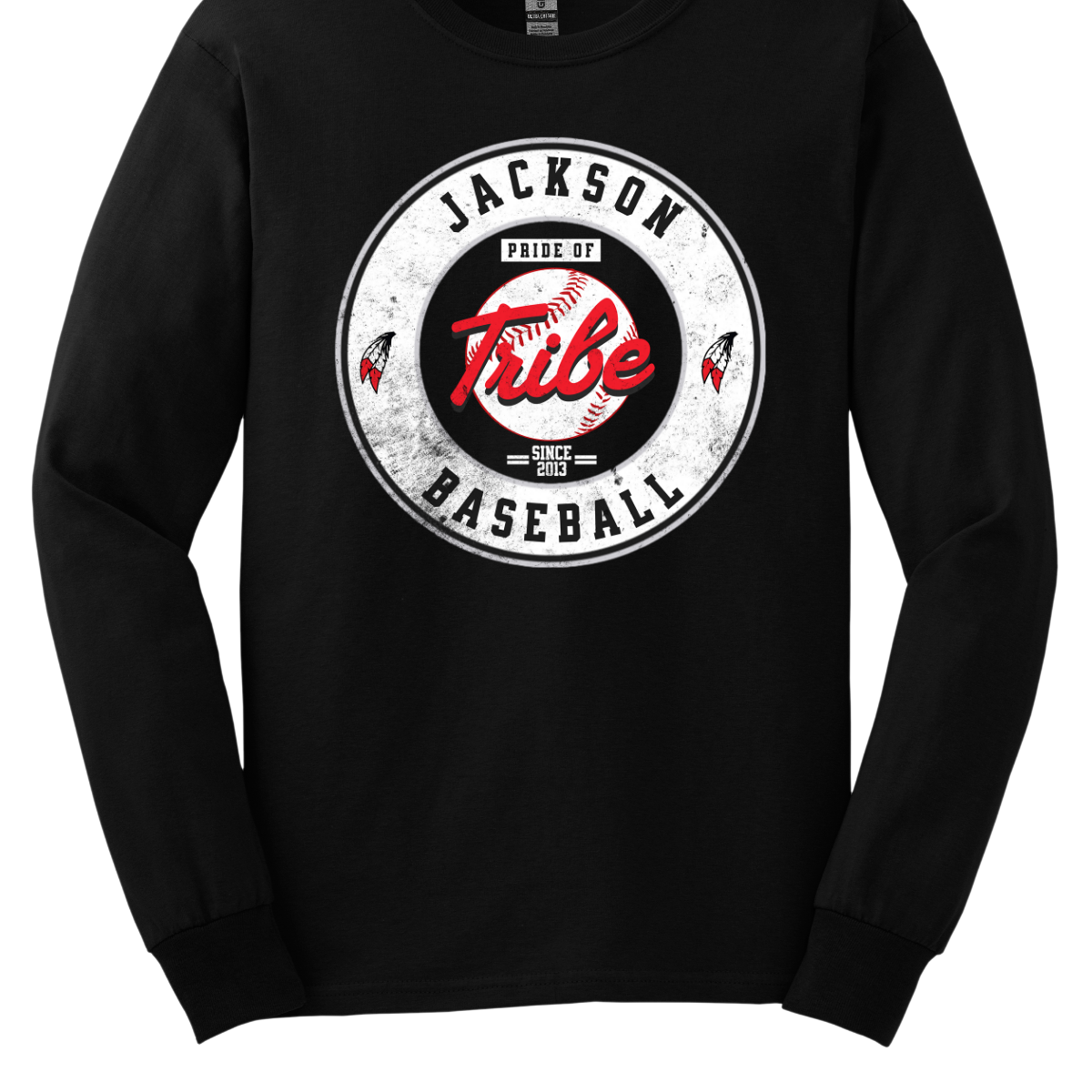 This black apparel features a nostalgic design that captures the essence of classic sports aesthetics. At its center, a bold white circle frames a detailed baseball, prominently displaying the team name "Tribe" across the middle with the words "Pride Of" stated above. The top arc of the circle reads "Jackson," while the bottom curves with "Baseball," creating a cohesive look. Shop at Gorgeousware.com