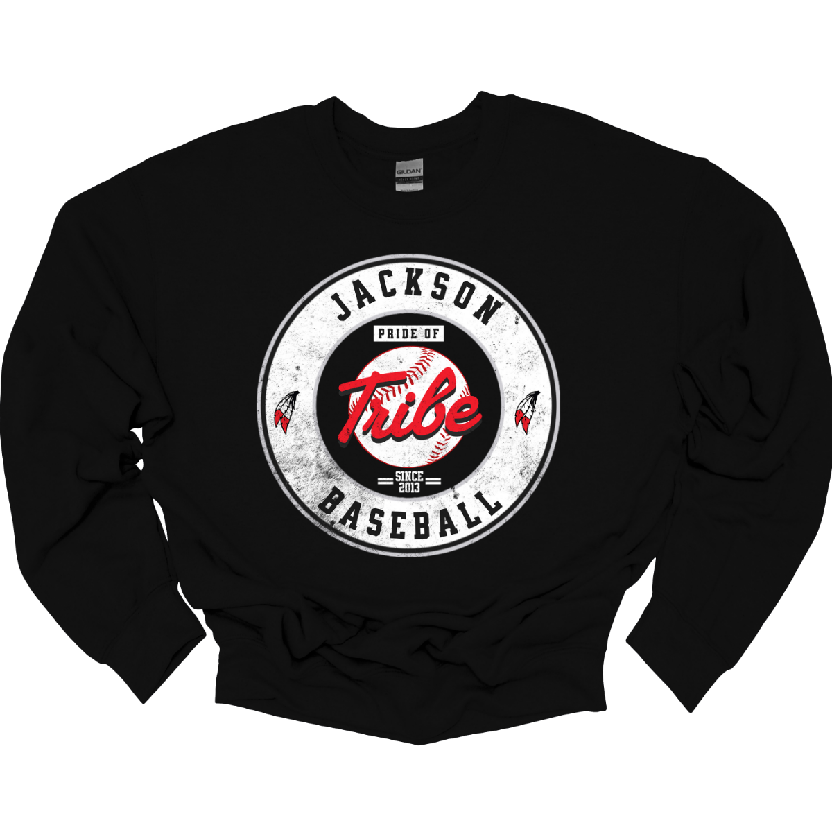 This black apparel features a nostalgic design that captures the essence of classic sports aesthetics. At its center, a bold white circle frames a detailed baseball, prominently displaying the team name "Tribe" across the middle with the words "Pride Of" stated above. The top arc of the circle reads "Jackson," while the bottom curves with "Baseball," creating a cohesive look. Shop at Gorgeousware.com