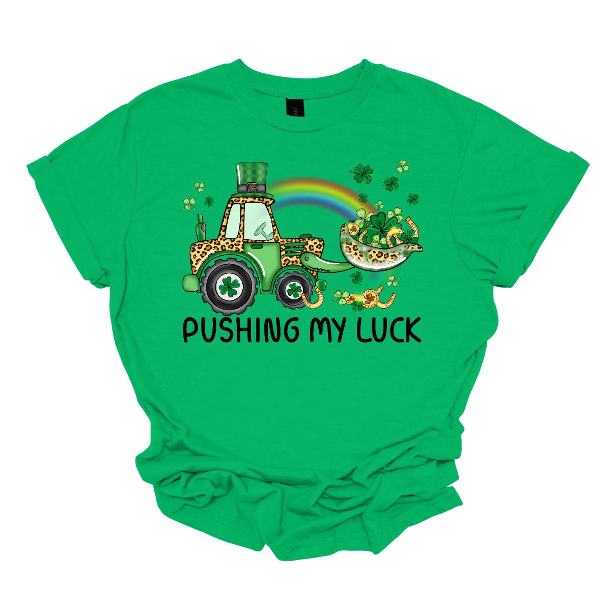 T-shirt with St. Patrick's Day tractoA playful and whimsical garment that captures the spirit of the holiday with a touch of fun. This shirt features a lively design with a tractor playfully shoveling a load of shamrocks, creating a unique and charming representation of pushing one's luck in a St. Patrick's Day context. The design showcases a tractor adorned with shamrocks, symbolizing the act of "pushing" luck in a light-hearted and festive manner. Shop at Gorgeousware.com