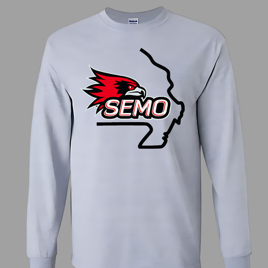 This striking t-shirt features a bold red hawk design at the center, capturing the spirit and fierceness of this majestic bird. Below the hawk, the word "SEMO" pops in vibrant bubble letters, adding a playful touch that complements the overall design. Perfect for fans of Southeast Missouri State University or anyone who loves unique, eye-catching apparel.  Shop at Gorgeousware.com