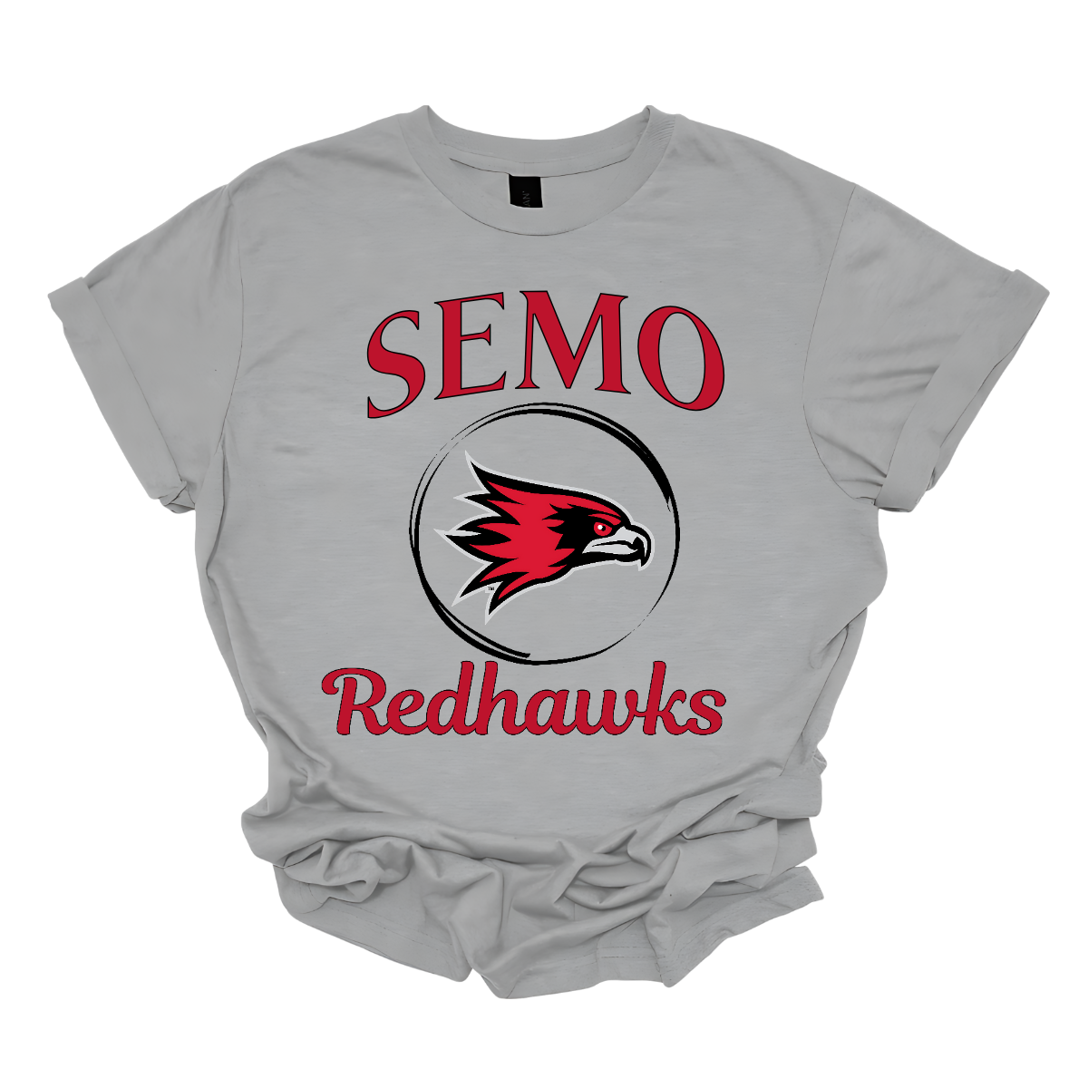 This sleek and spirited apparel is perfect for showing off school pride in a stylish way! The design starts with the bold word "Semo", representing your school or alma mater. In the center of the design, there's a circle that houses the iconic Redhawk logo, instantly recognizable and full of school spirit. At the bottom of the circle, the word "Redhawks" is elegantly scripted in a flowing cursive font, adding a touch of sophistication to the bold, athletic look. Shop at Gorgeousware.com