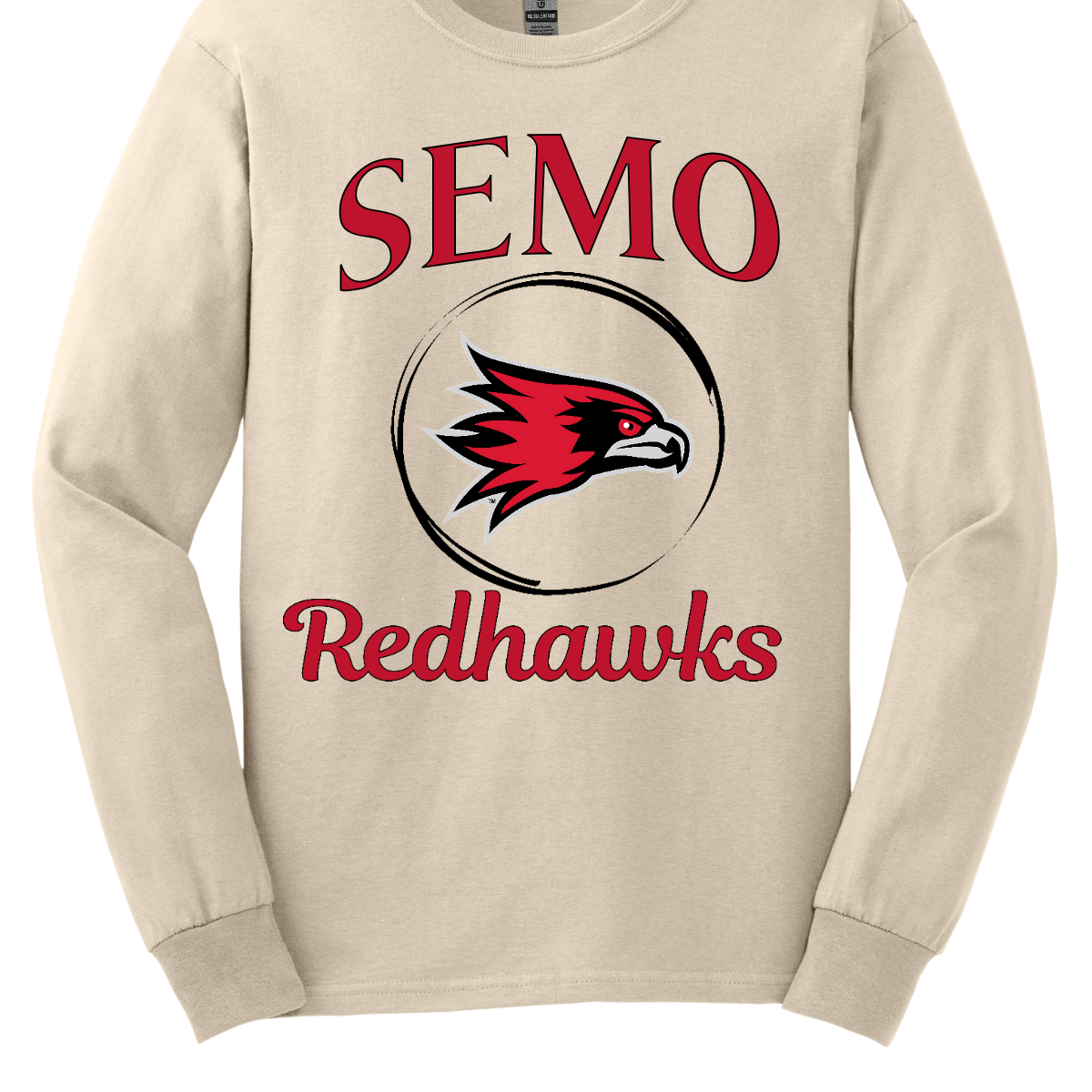 This sleek and spirited apparel is perfect for showing off school pride in a stylish way! The design starts with the bold word "Semo", representing your school or alma mater. In the center of the design, there's a circle that houses the iconic Redhawk logo, instantly recognizable and full of school spirit. At the bottom of the circle, the word "Redhawks" is elegantly scripted in a flowing cursive font, adding a touch of sophistication to the bold, athletic look. Shop at Gorgeousware.com