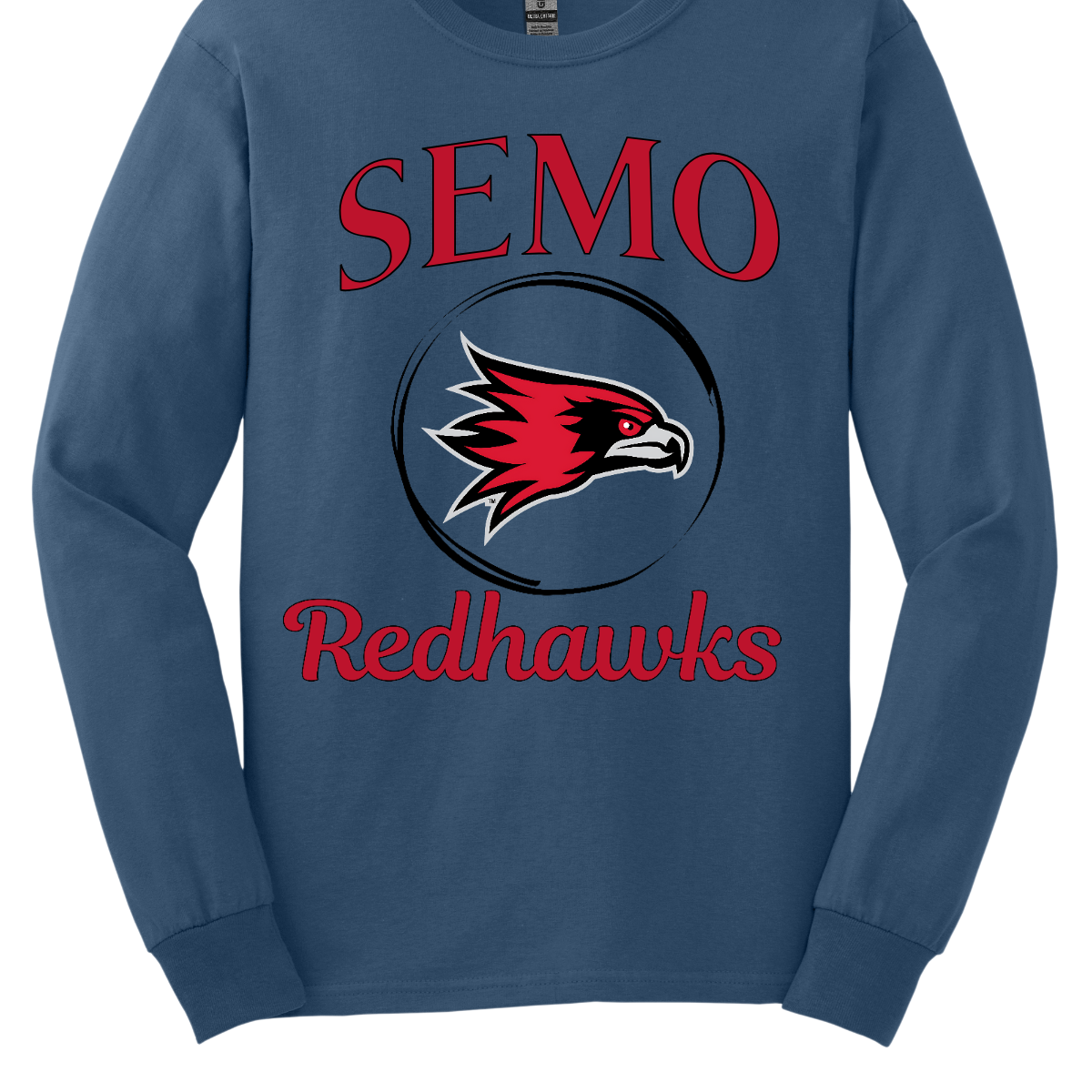 This sleek and spirited apparel is perfect for showing off school pride in a stylish way! The design starts with the bold word "Semo", representing your school or alma mater. In the center of the design, there's a circle that houses the iconic Redhawk logo, instantly recognizable and full of school spirit. At the bottom of the circle, the word "Redhawks" is elegantly scripted in a flowing cursive font, adding a touch of sophistication to the bold, athletic look. Shop at Gorgeousware.com