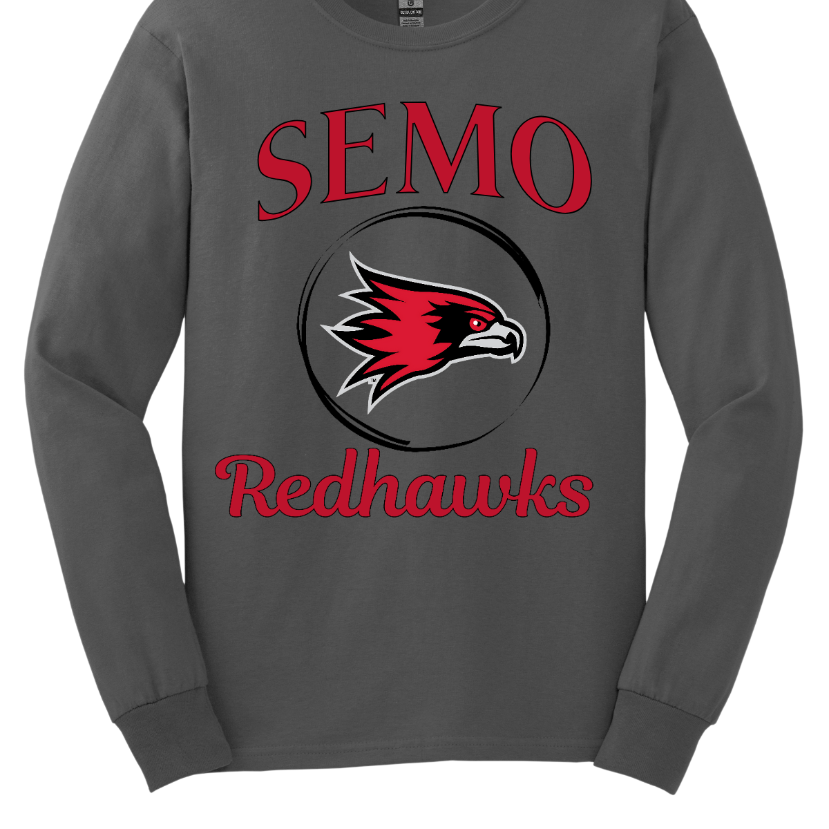 This sleek and spirited apparel is perfect for showing off school pride in a stylish way! The design starts with the bold word "Semo", representing your school or alma mater. In the center of the design, there's a circle that houses the iconic Redhawk logo, instantly recognizable and full of school spirit. At the bottom of the circle, the word "Redhawks" is elegantly scripted in a flowing cursive font, adding a touch of sophistication to the bold, athletic look. Shop at Gorgeousware.com