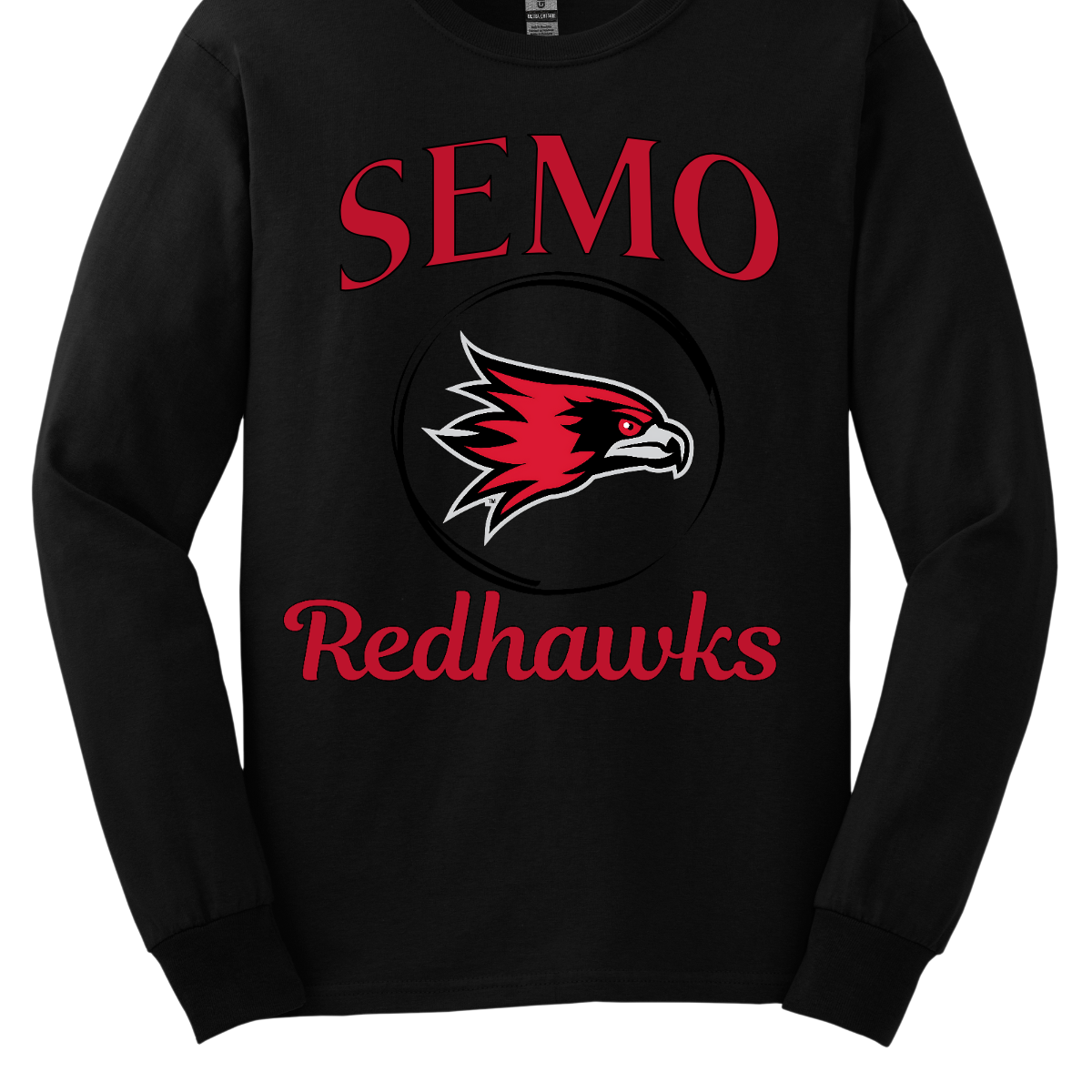 This sleek and spirited apparel is perfect for showing off school pride in a stylish way! The design starts with the bold word "Semo", representing your school or alma mater. In the center of the design, there's a circle that houses the iconic Redhawk logo, instantly recognizable and full of school spirit. At the bottom of the circle, the word "Redhawks" is elegantly scripted in a flowing cursive font, adding a touch of sophistication to the bold, athletic look. Shop at Gorgeousware.com