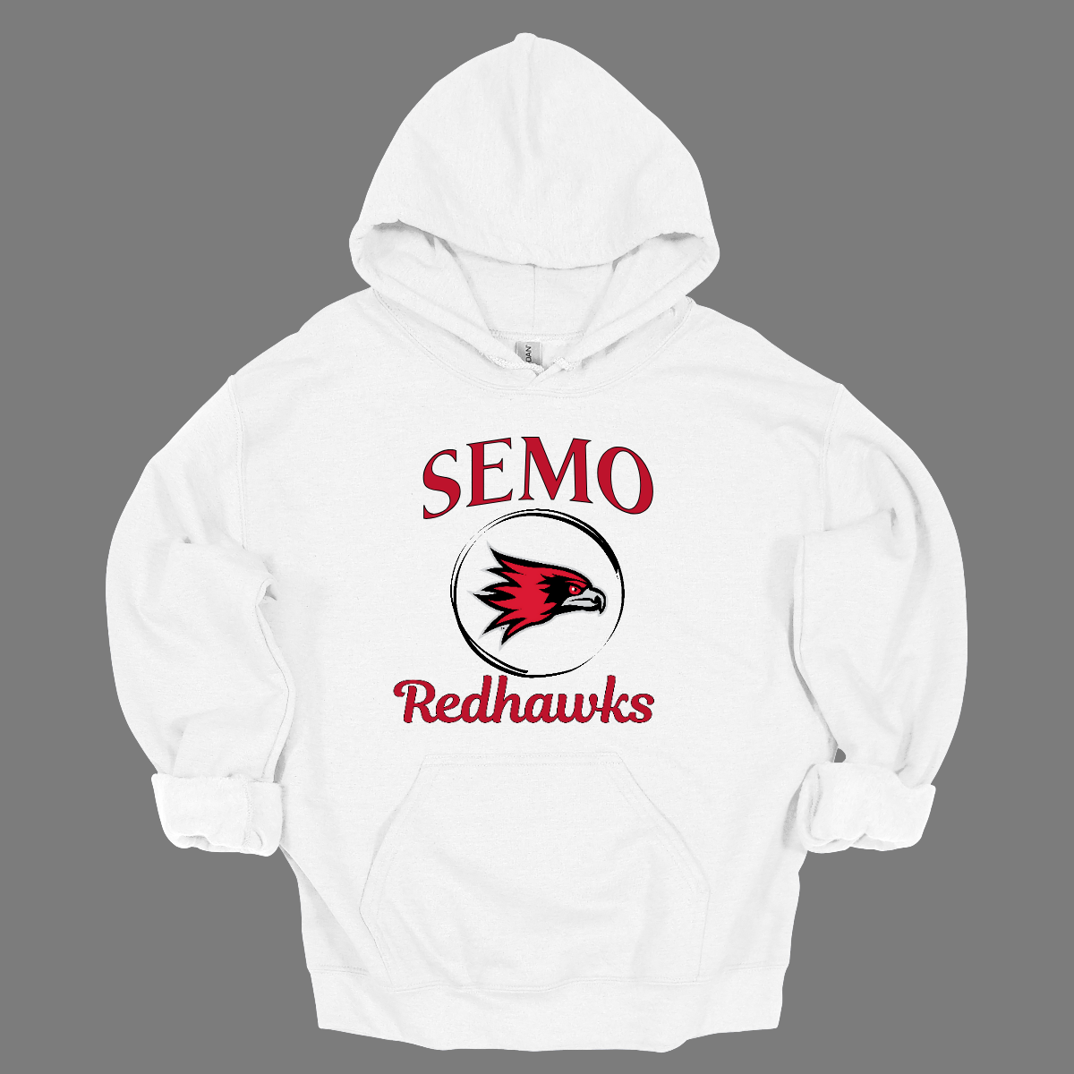 This sleek and spirited apparel is perfect for showing off school pride in a stylish way! The design starts with the bold word "Semo", representing your school or alma mater. In the center of the design, there's a circle that houses the iconic Redhawk logo, instantly recognizable and full of school spirit. At the bottom of the circle, the word "Redhawks" is elegantly scripted in a flowing cursive font, adding a touch of sophistication to the bold, athletic look. Shop at Gorgeousware.com