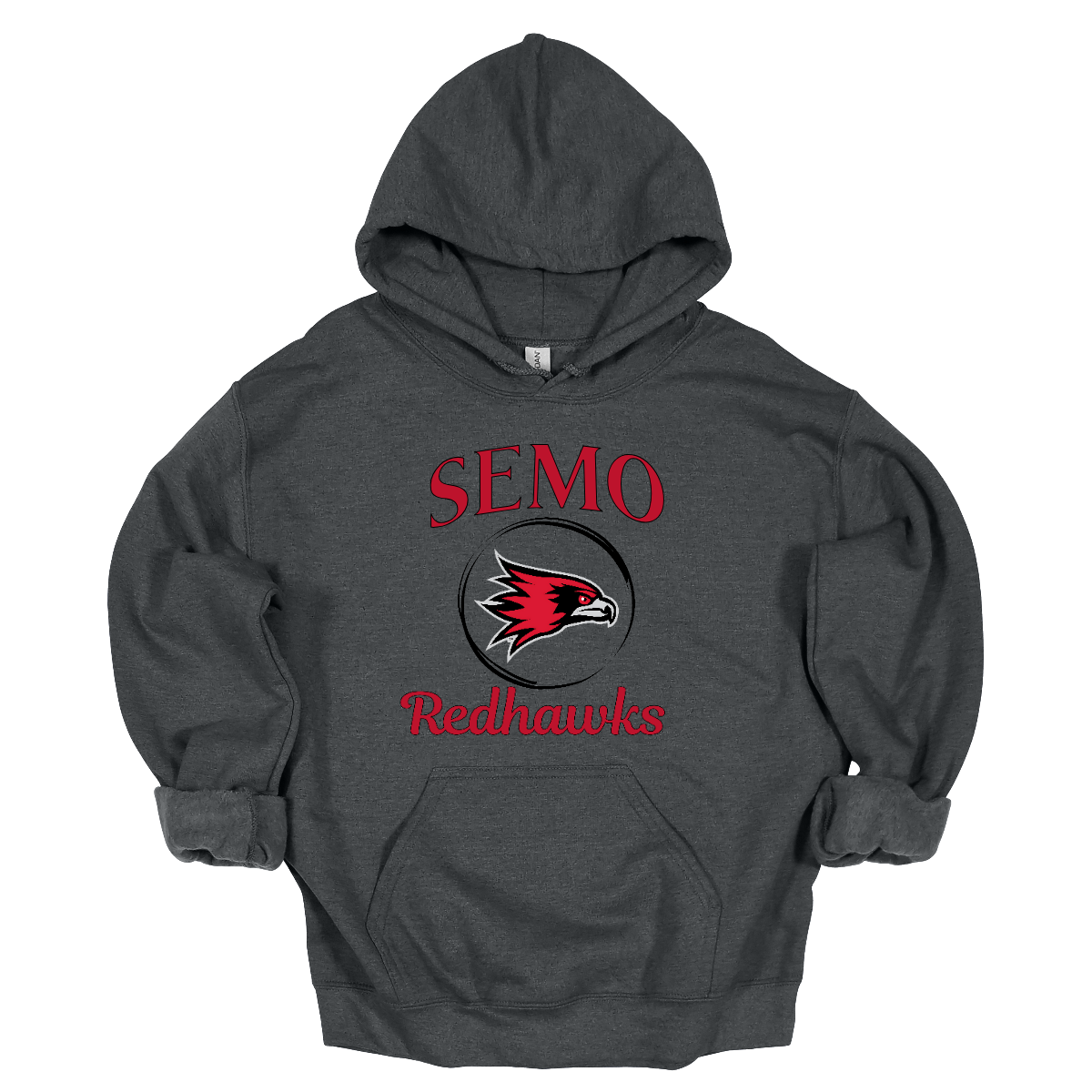 This sleek and spirited apparel is perfect for showing off school pride in a stylish way! The design starts with the bold word "Semo", representing your school or alma mater. In the center of the design, there's a circle that houses the iconic Redhawk logo, instantly recognizable and full of school spirit. At the bottom of the circle, the word "Redhawks" is elegantly scripted in a flowing cursive font, adding a touch of sophistication to the bold, athletic look. Shop at Gorgeousware.com