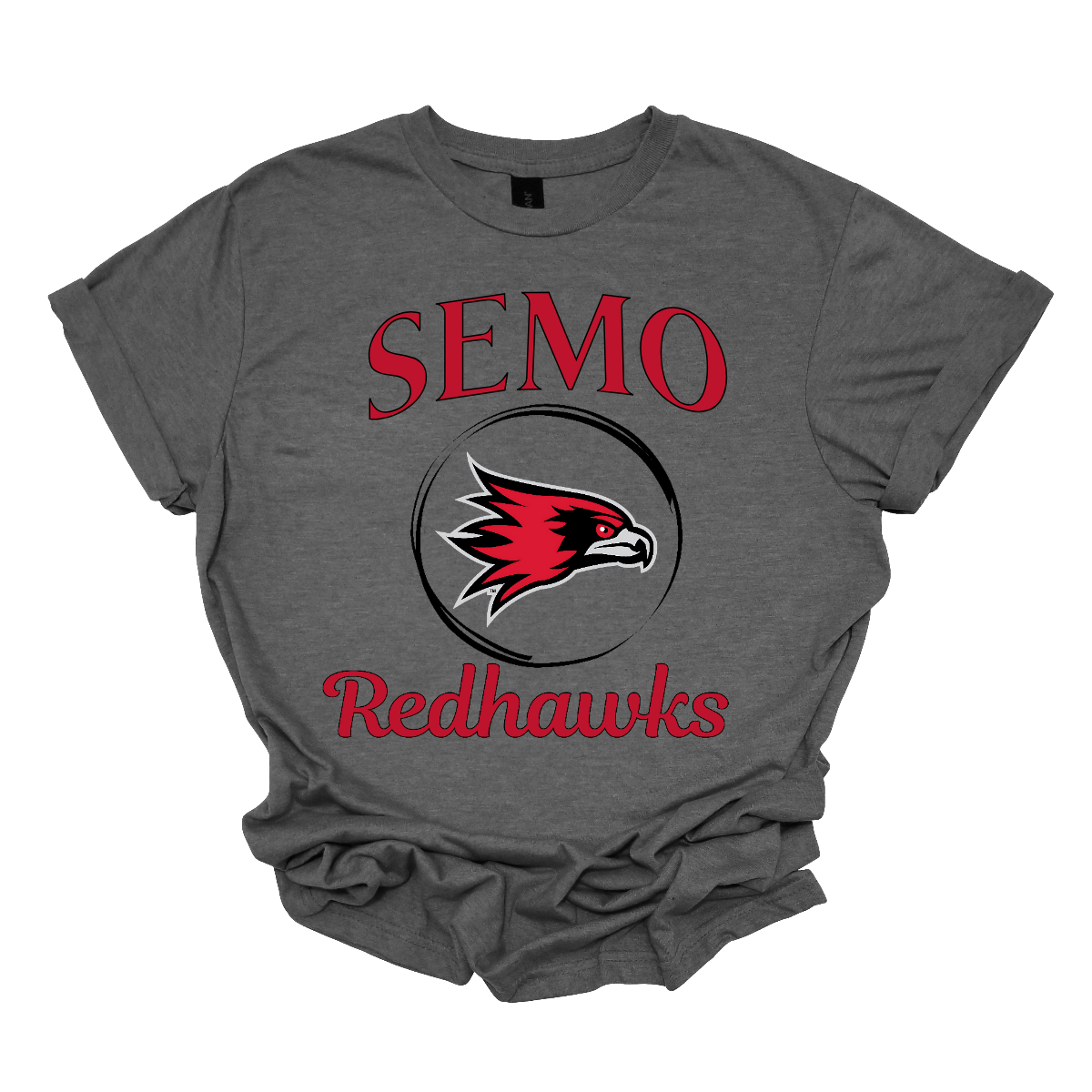 This sleek and spirited apparel is perfect for showing off school pride in a stylish way! The design starts with the bold word "Semo", representing your school or alma mater. In the center of the design, there's a circle that houses the iconic Redhawk logo, instantly recognizable and full of school spirit. At the bottom of the circle, the word "Redhawks" is elegantly scripted in a flowing cursive font, adding a touch of sophistication to the bold, athletic look. Shop at Gorgeousware.com