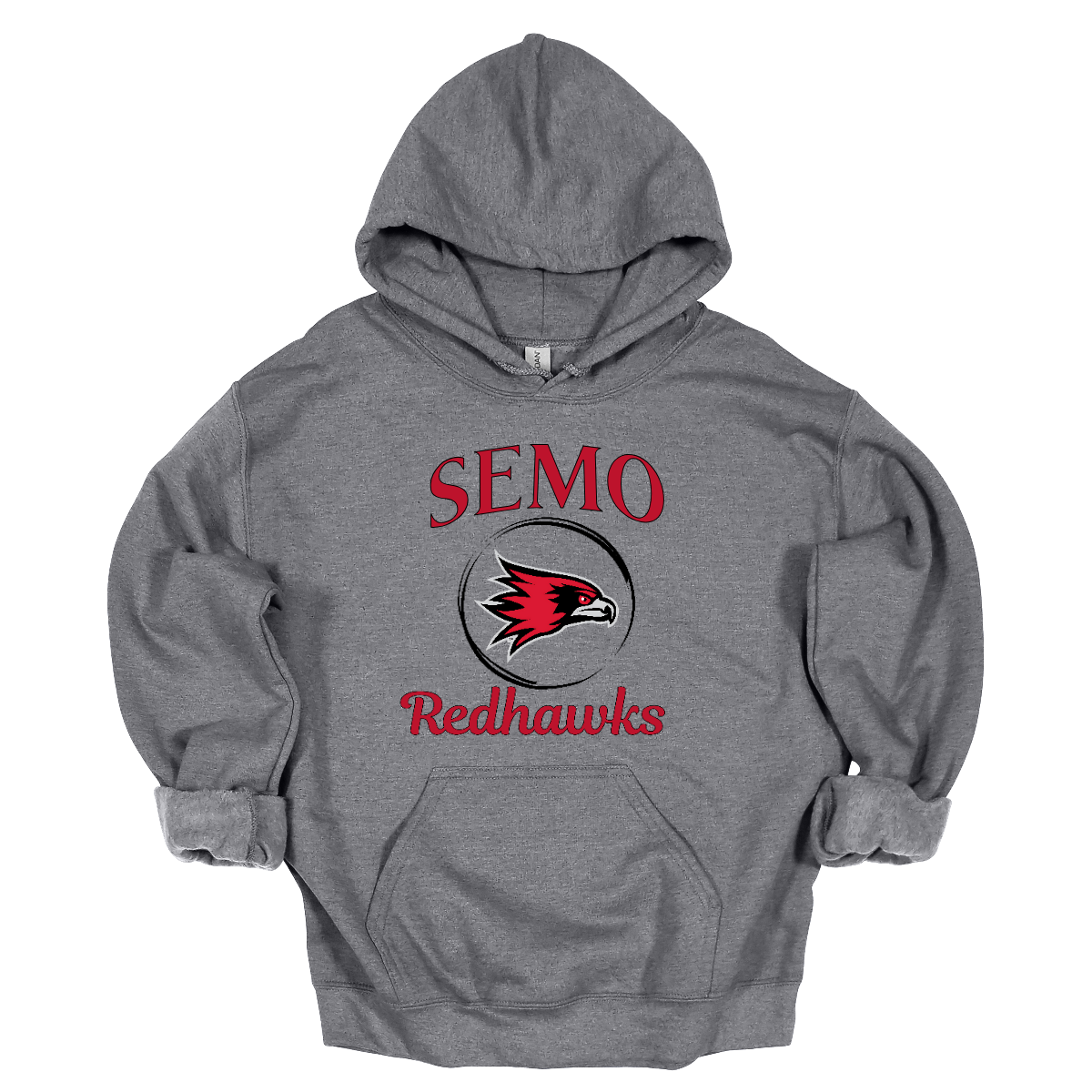 This sleek and spirited apparel is perfect for showing off school pride in a stylish way! The design starts with the bold word "Semo", representing your school or alma mater. In the center of the design, there's a circle that houses the iconic Redhawk logo, instantly recognizable and full of school spirit. At the bottom of the circle, the word "Redhawks" is elegantly scripted in a flowing cursive font, adding a touch of sophistication to the bold, athletic look. Shop at Gorgeousware.com