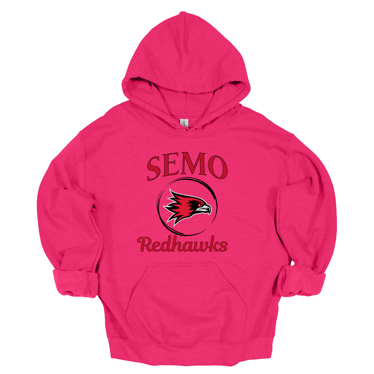 This sleek and spirited apparel is perfect for showing off school pride in a stylish way! The design starts with the bold word "Semo", representing your school or alma mater. In the center of the design, there's a circle that houses the iconic Redhawk logo, instantly recognizable and full of school spirit. At the bottom of the circle, the word "Redhawks" is elegantly scripted in a flowing cursive font, adding a touch of sophistication to the bold, athletic look. Shop at Gorgeousware.com