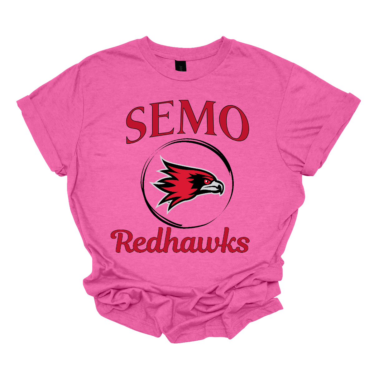 This sleek and spirited apparel is perfect for showing off school pride in a stylish way! The design starts with the bold word "Semo", representing your school or alma mater. In the center of the design, there's a circle that houses the iconic Redhawk logo, instantly recognizable and full of school spirit. At the bottom of the circle, the word "Redhawks" is elegantly scripted in a flowing cursive font, adding a touch of sophistication to the bold, athletic look. Shop at Gorgeousware.com