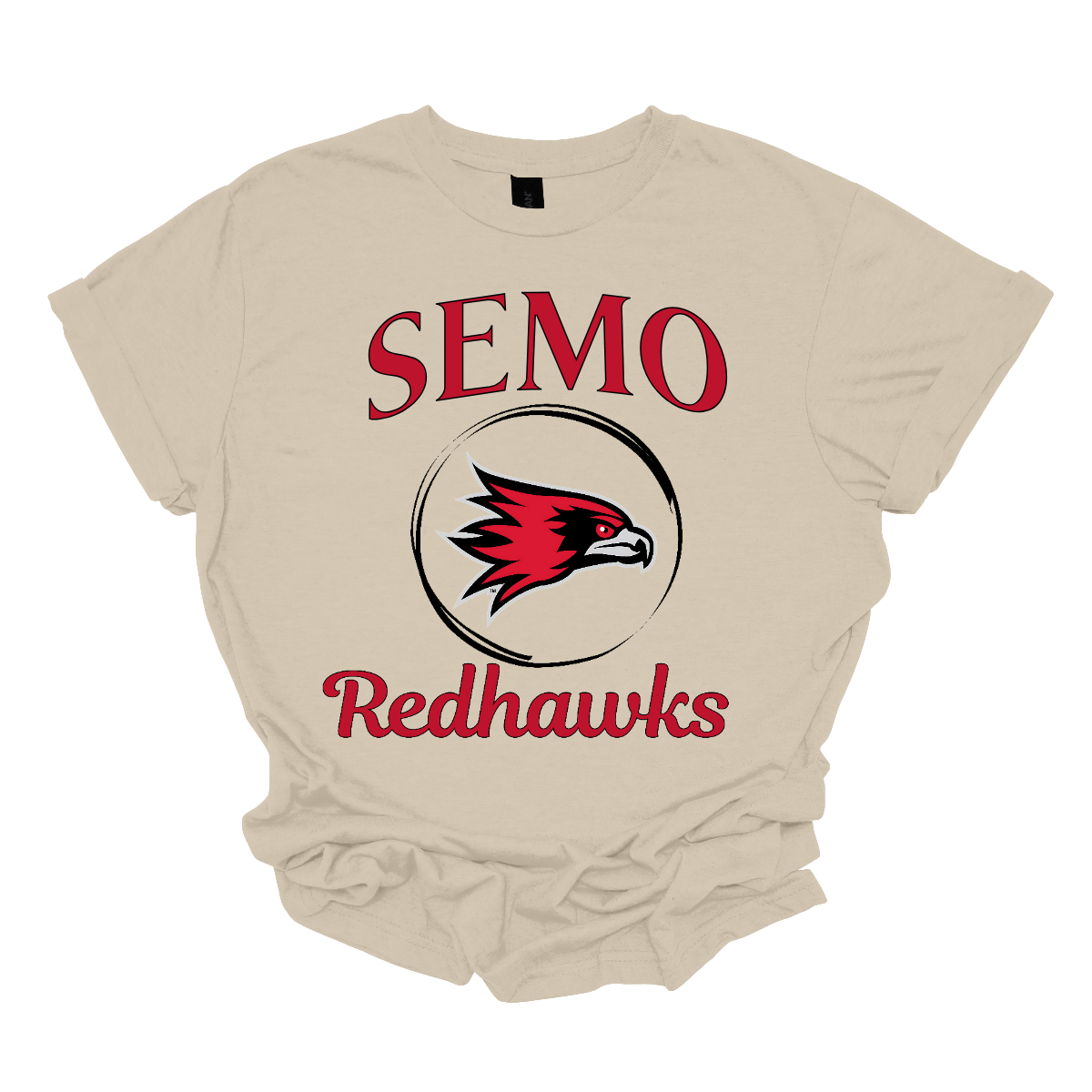 This sleek and spirited apparel is perfect for showing off school pride in a stylish way! The design starts with the bold word "Semo", representing your school or alma mater. In the center of the design, there's a circle that houses the iconic Redhawk logo, instantly recognizable and full of school spirit. At the bottom of the circle, the word "Redhawks" is elegantly scripted in a flowing cursive font, adding a touch of sophistication to the bold, athletic look. Shop at Gorgeousware.com