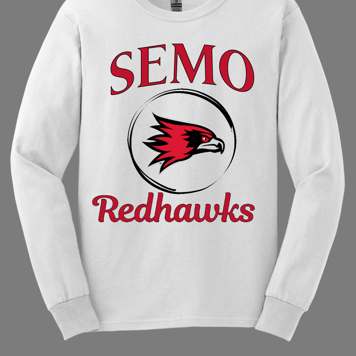 This sleek and spirited apparel is perfect for showing off school pride in a stylish way! The design starts with the bold word "Semo", representing your school or alma mater. In the center of the design, there's a circle that houses the iconic Redhawk logo, instantly recognizable and full of school spirit. At the bottom of the circle, the word "Redhawks" is elegantly scripted in a flowing cursive font, adding a touch of sophistication to the bold, athletic look. Shop at Gorgeousware.com