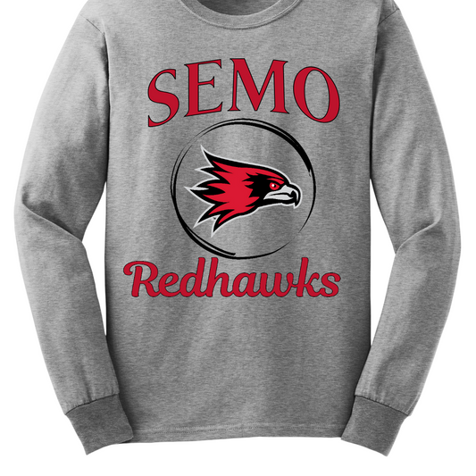 This sleek and spirited apparel is perfect for showing off school pride in a stylish way! The design starts with the bold word "Semo", representing your school or alma mater. In the center of the design, there's a circle that houses the iconic Redhawk logo, instantly recognizable and full of school spirit. At the bottom of the circle, the word "Redhawks" is elegantly scripted in a flowing cursive font, adding a touch of sophistication to the bold, athletic look. Shop at Gorgeousware.com