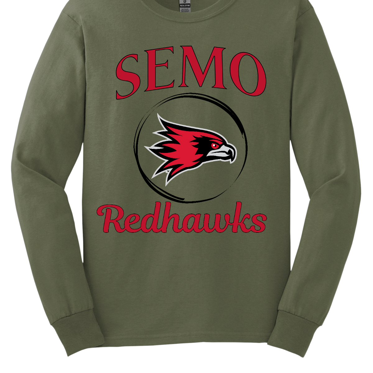 This sleek and spirited apparel is perfect for showing off school pride in a stylish way! The design starts with the bold word "Semo", representing your school or alma mater. In the center of the design, there's a circle that houses the iconic Redhawk logo, instantly recognizable and full of school spirit. At the bottom of the circle, the word "Redhawks" is elegantly scripted in a flowing cursive font, adding a touch of sophistication to the bold, athletic look. Shop at Gorgeousware.com