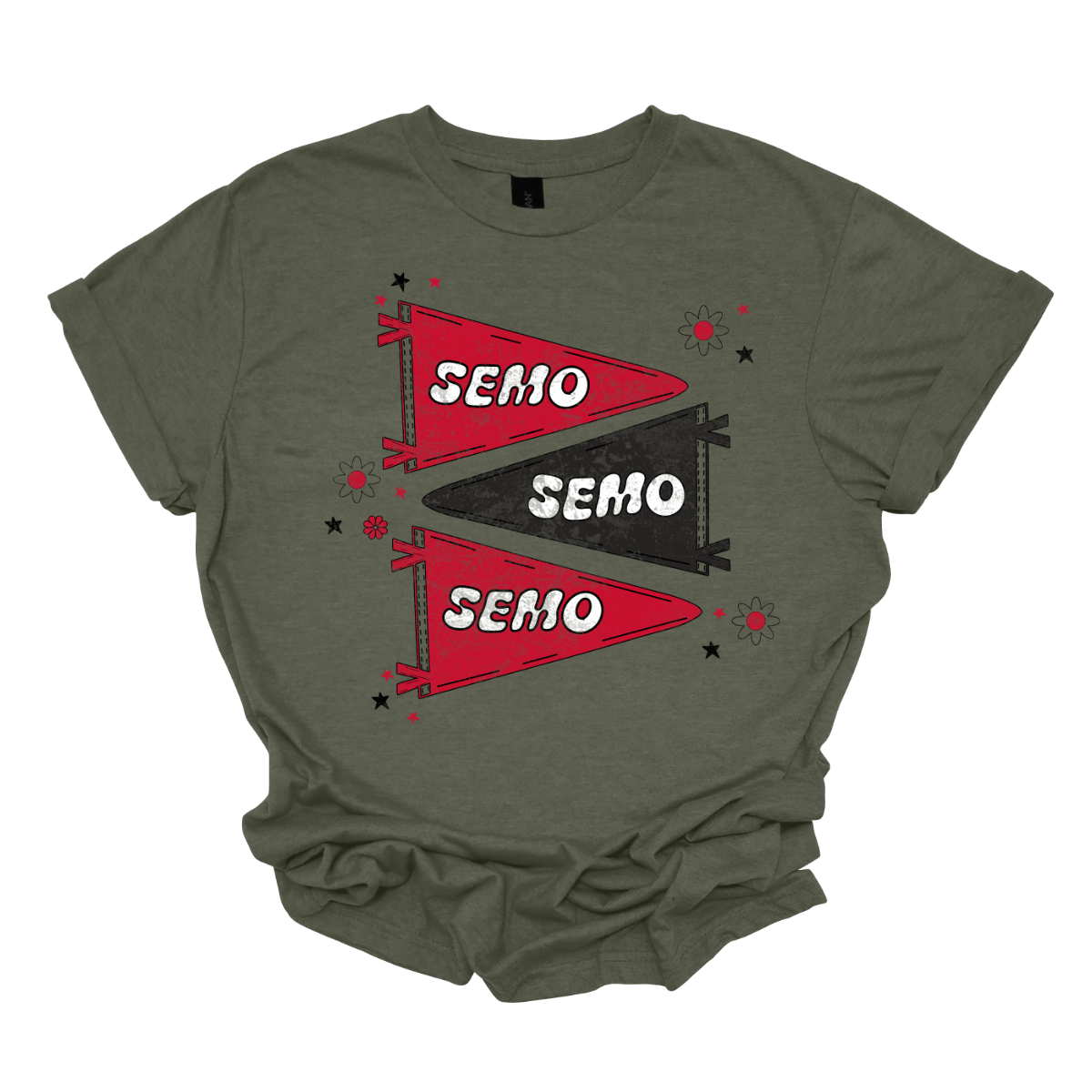 Show off your fully licensed Redhawk pride in youth sizes, with this retro-inspired SEMO design! Featuring three vintage-style pennants alternating in bold red and black, the layout gives a dynamic, old-school vibe. Each pennant is accented with groovy bubble lettering spelling “SEMO” in a playful wave, adding a fun twist to the classic look. Surrounding the pennants are a mix of retro red and black stars and flower motifs, bringing a nostalgic flair. 
Shop at Gorgeousware.com today!