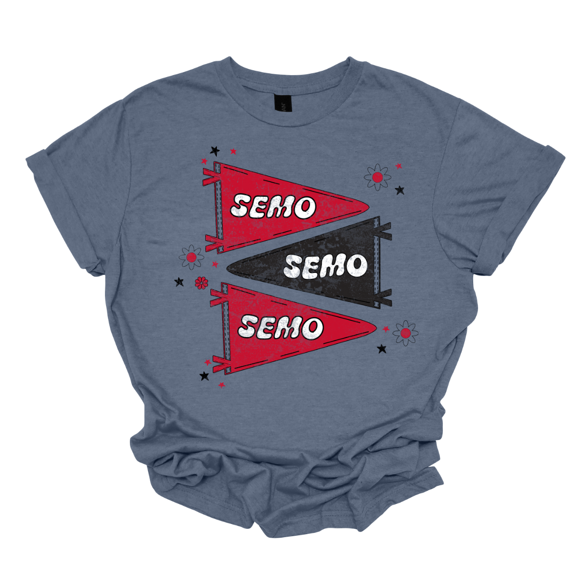Show off your fully licensed Redhawk pride in youth sizes, with this retro-inspired SEMO design! Featuring three vintage-style pennants alternating in bold red and black, the layout gives a dynamic, old-school vibe. Each pennant is accented with groovy bubble lettering spelling “SEMO” in a playful wave, adding a fun twist to the classic look. Surrounding the pennants are a mix of retro red and black stars and flower motifs, bringing a nostalgic flair. 
Shop at Gorgeousware.com today!