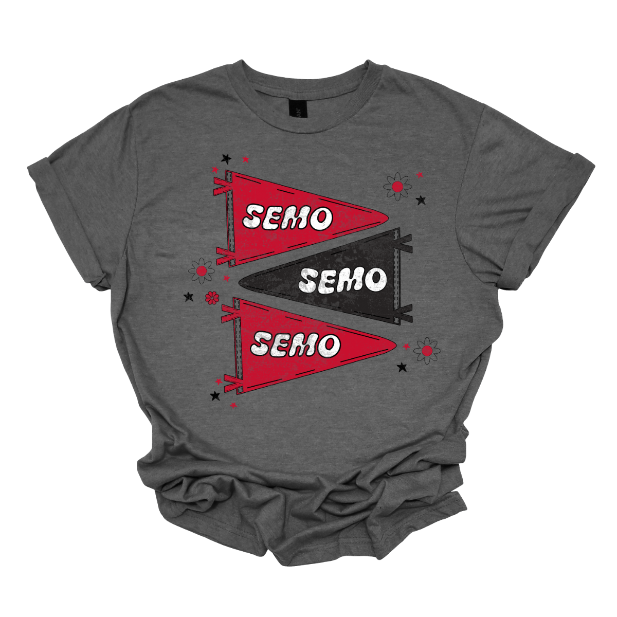 Show off your fully licensed Redhawk pride with this retro-inspired SEMO design! Featuring three vintage-style pennants alternating in bold red and black, the layout gives a dynamic, old-school vibe. Each pennant is accented with groovy bubble lettering spelling “SEMO” in a playful wave, adding a fun twist to the classic look. Surrounding the pennants are a mix of retro red and black stars and flower motifs, bringing a nostalgic flair that feels both timeless and fresh. Shop at Gorgeousware.com today!