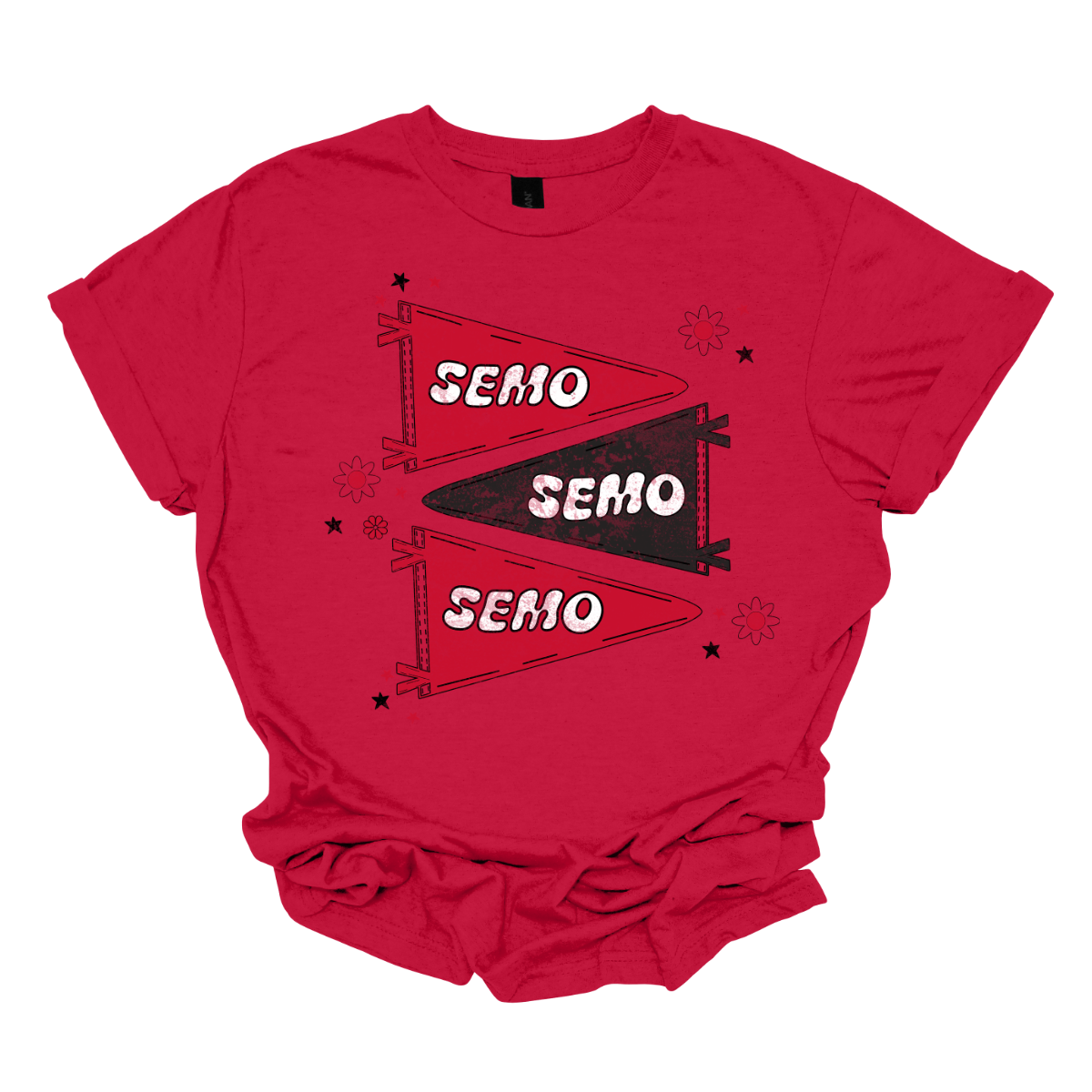 Show off your fully licensed Redhawk pride in youth sizes, with this retro-inspired SEMO design! Featuring three vintage-style pennants alternating in bold red and black, the layout gives a dynamic, old-school vibe. Each pennant is accented with groovy bubble lettering spelling “SEMO” in a playful wave, adding a fun twist to the classic look. Surrounding the pennants are a mix of retro red and black stars and flower motifs, bringing a nostalgic flair. 
Shop at Gorgeousware.com today!