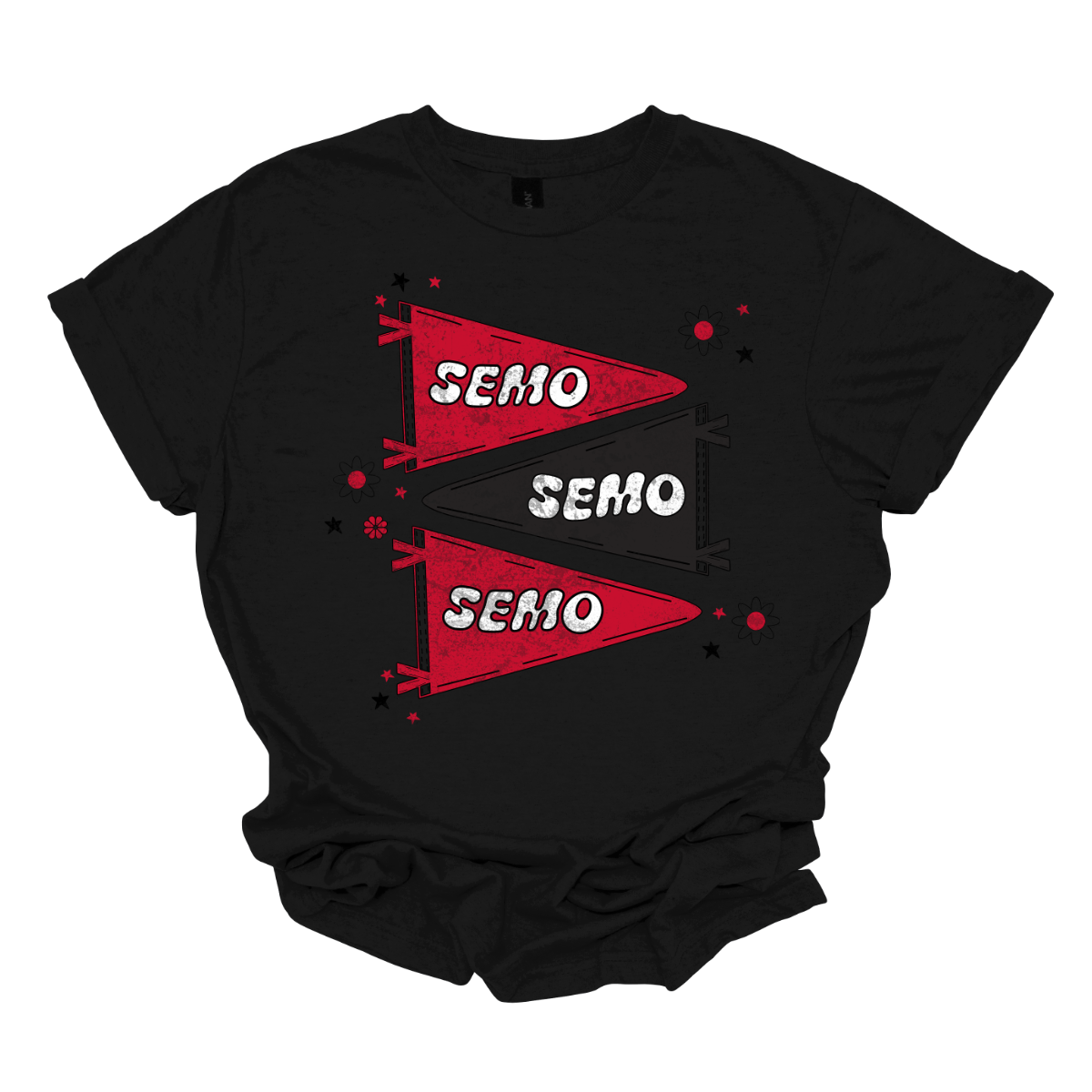 Show off your fully licensed Redhawk pride in youth sizes, with this retro-inspired SEMO design! Featuring three vintage-style pennants alternating in bold red and black, the layout gives a dynamic, old-school vibe. Each pennant is accented with groovy bubble lettering spelling “SEMO” in a playful wave, adding a fun twist to the classic look. Surrounding the pennants are a mix of retro red and black stars and flower motifs, bringing a nostalgic flair. 
Shop at Gorgeousware.com today!